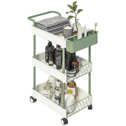 3-Tier Serving Cart with Wheels Handle Utility Cart with Hanging Basket Kitchen Rack Kitchen Trolley for Kitchen Office Bathroom, White