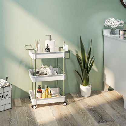 3-Tier Serving Cart with Wheels Handle Utility Cart with Hanging Basket Kitchen Rack Kitchen Trolley for Kitchen Office Bathroom, White