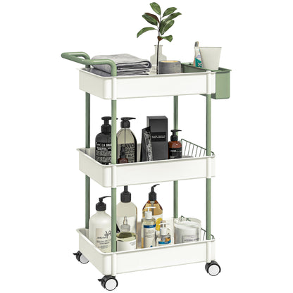 3-Tier Serving Cart with Wheels Handle Utility Cart with Hanging Basket Kitchen Rack Kitchen Trolley for Kitchen Office Bathroom, White