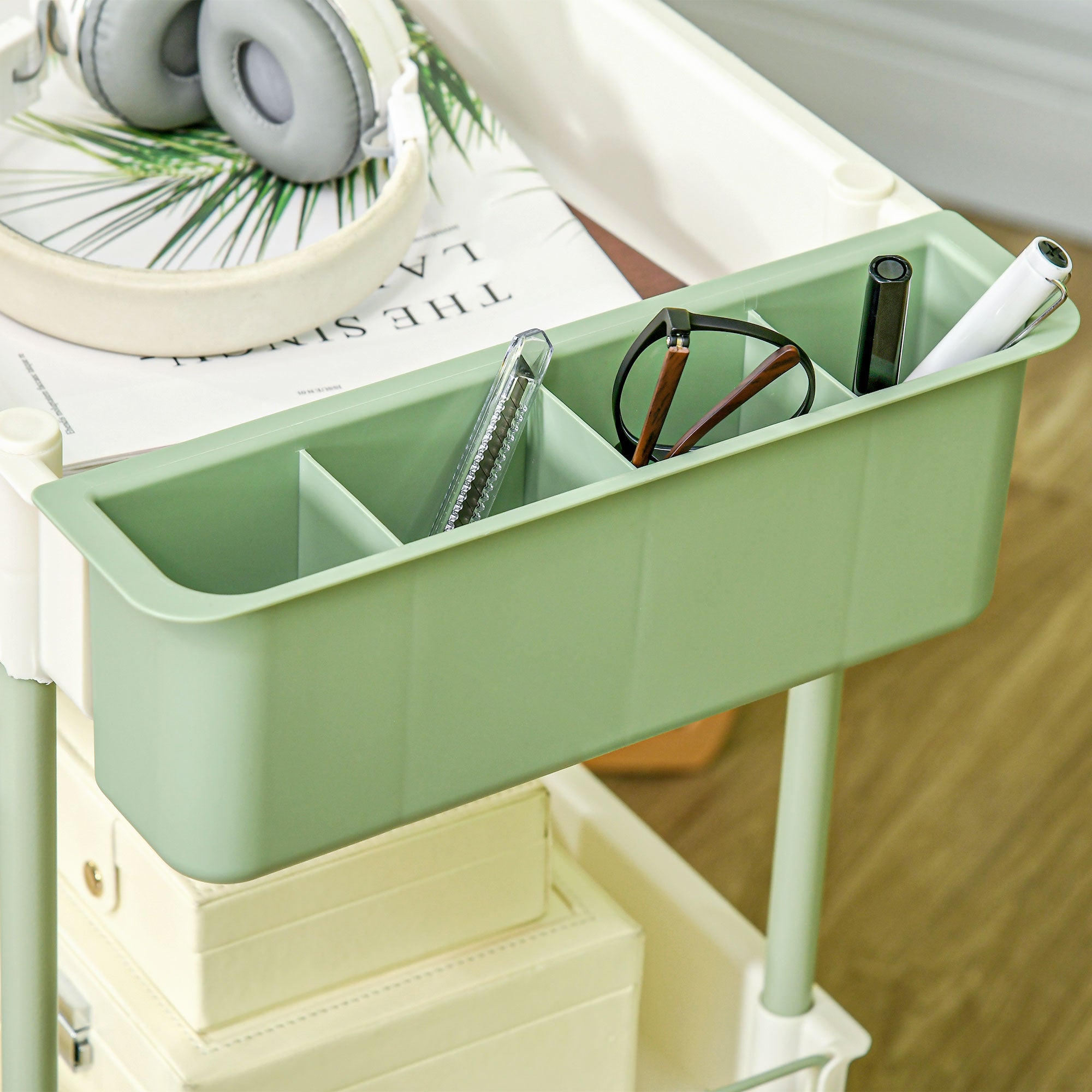 3-Tier Serving Cart with Wheels Handle Utility Cart with Hanging Basket Kitchen Rack Kitchen Trolley for Kitchen Office Bathroom, White