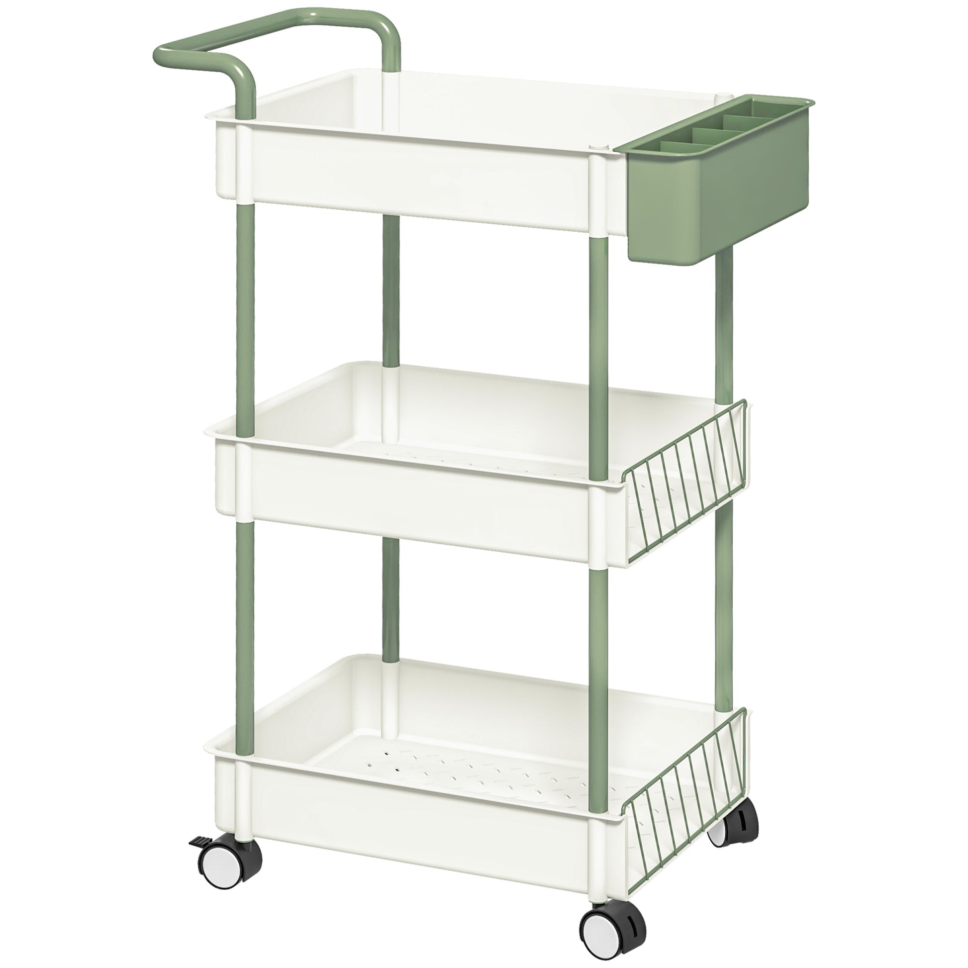 3-Tier Serving Cart with Wheels Handle Utility Cart with Hanging Basket Kitchen Rack Kitchen Trolley for Kitchen Office Bathroom, White