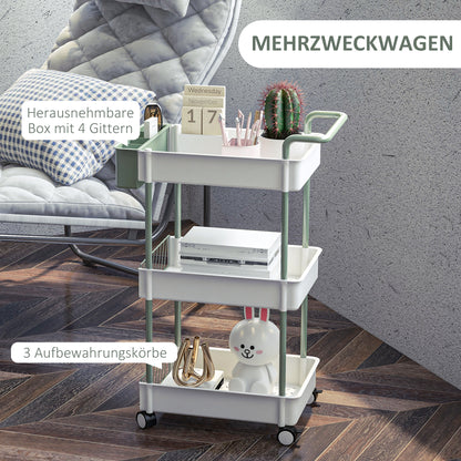 3-Tier Serving Cart with Wheels Handle Utility Cart with Hanging Basket Kitchen Rack Kitchen Trolley for Kitchen Office Bathroom, White