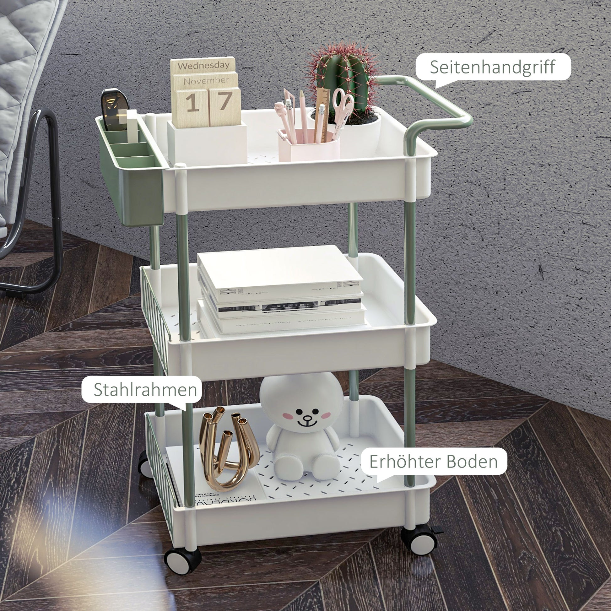 3-Tier Serving Cart with Wheels Handle Utility Cart with Hanging Basket Kitchen Rack Kitchen Trolley for Kitchen Office Bathroom, White