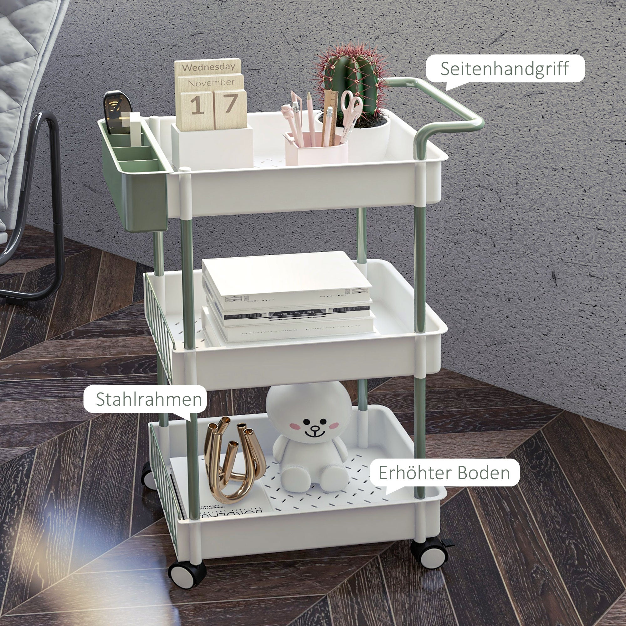 3-Tier Serving Cart with Wheels Handle Utility Cart with Hanging Basket Kitchen Rack Kitchen Trolley for Kitchen Office Bathroom, White