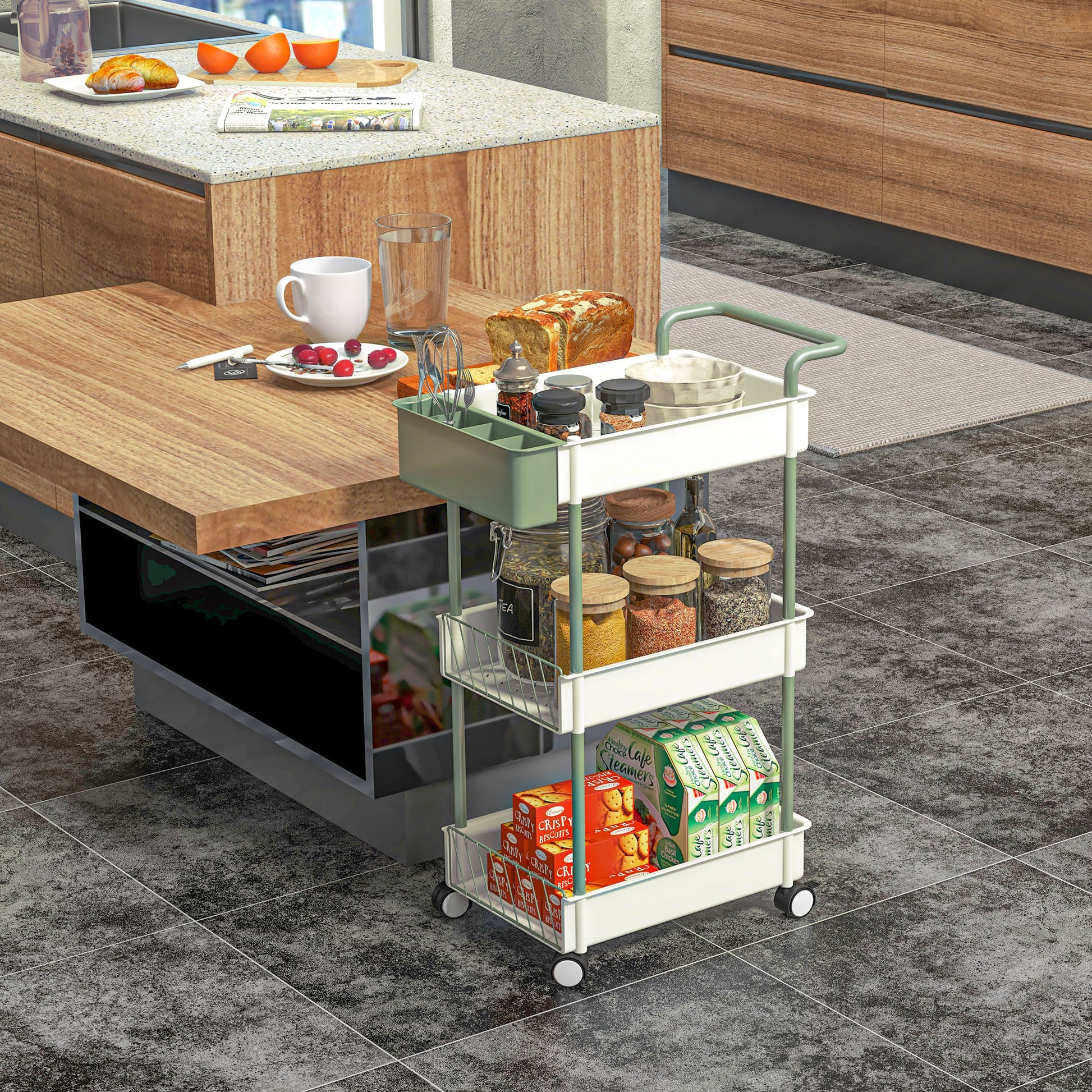 3-Tier Serving Cart with Wheels Handle Utility Cart with Hanging Basket Kitchen Rack Kitchen Trolley for Kitchen Office Bathroom, White