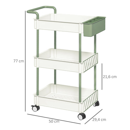 3-Tier Serving Cart with Wheels Handle Utility Cart with Hanging Basket Kitchen Rack Kitchen Trolley for Kitchen Office Bathroom, White