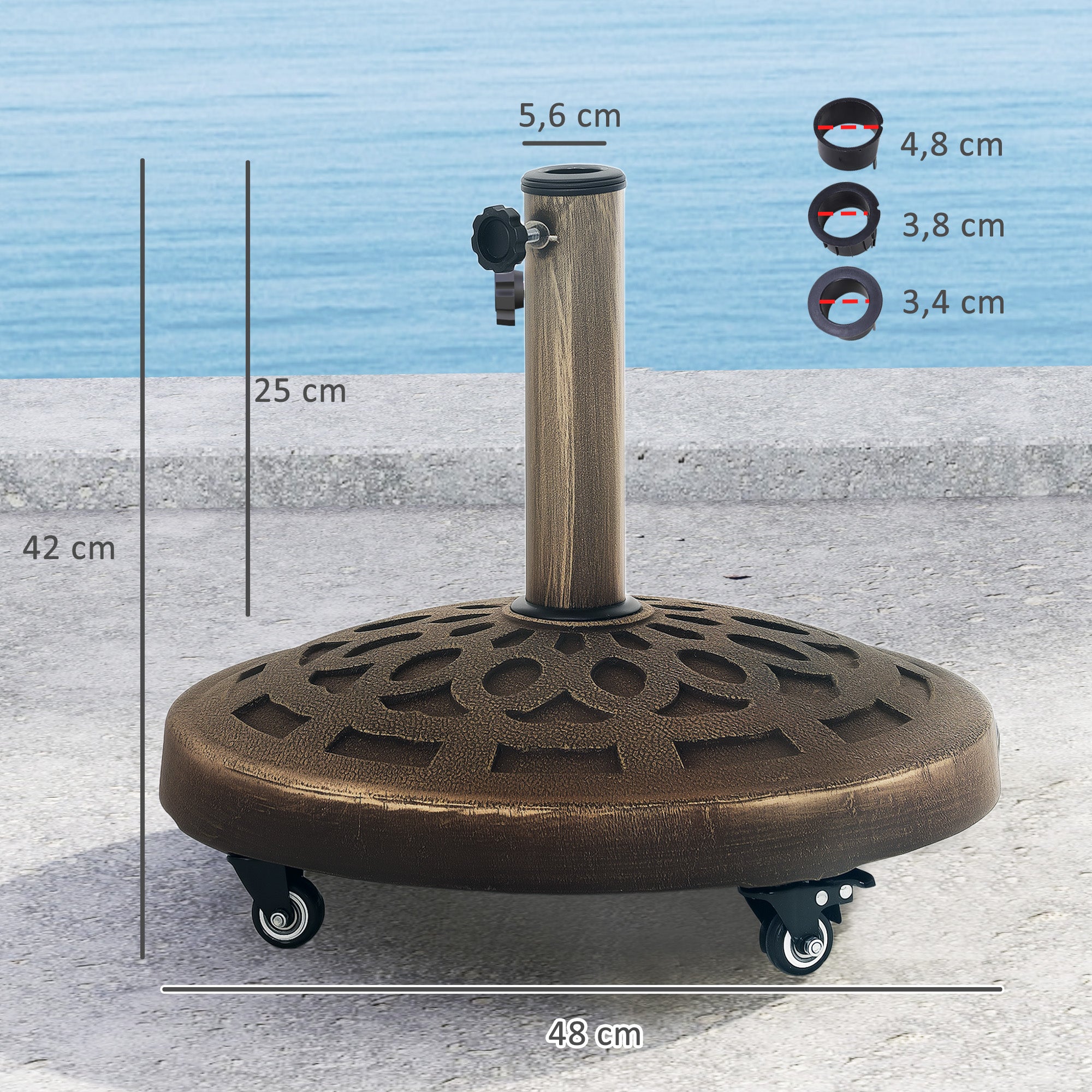 Concrete Umbrella Stand with Wheels, Round Umbrella Holder, Umbrella Weight, Stand for Umbrella 34/38/48mm Pole Diameter, for Balcony, Terrace, Garden, Bronze
