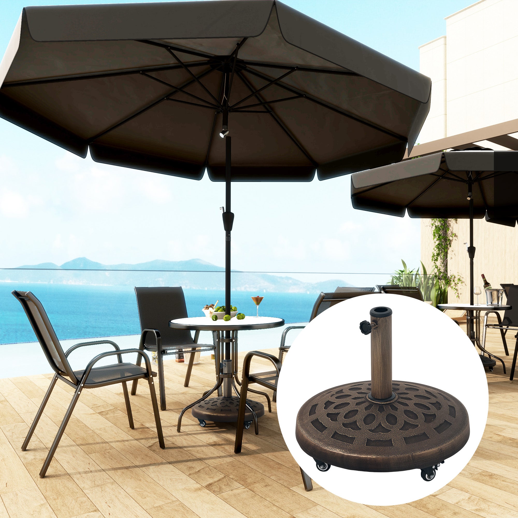 Concrete Umbrella Stand with Wheels, Round Umbrella Holder, Umbrella Weight, Stand for Umbrella 34/38/48mm Pole Diameter, for Balcony, Terrace, Garden, Bronze