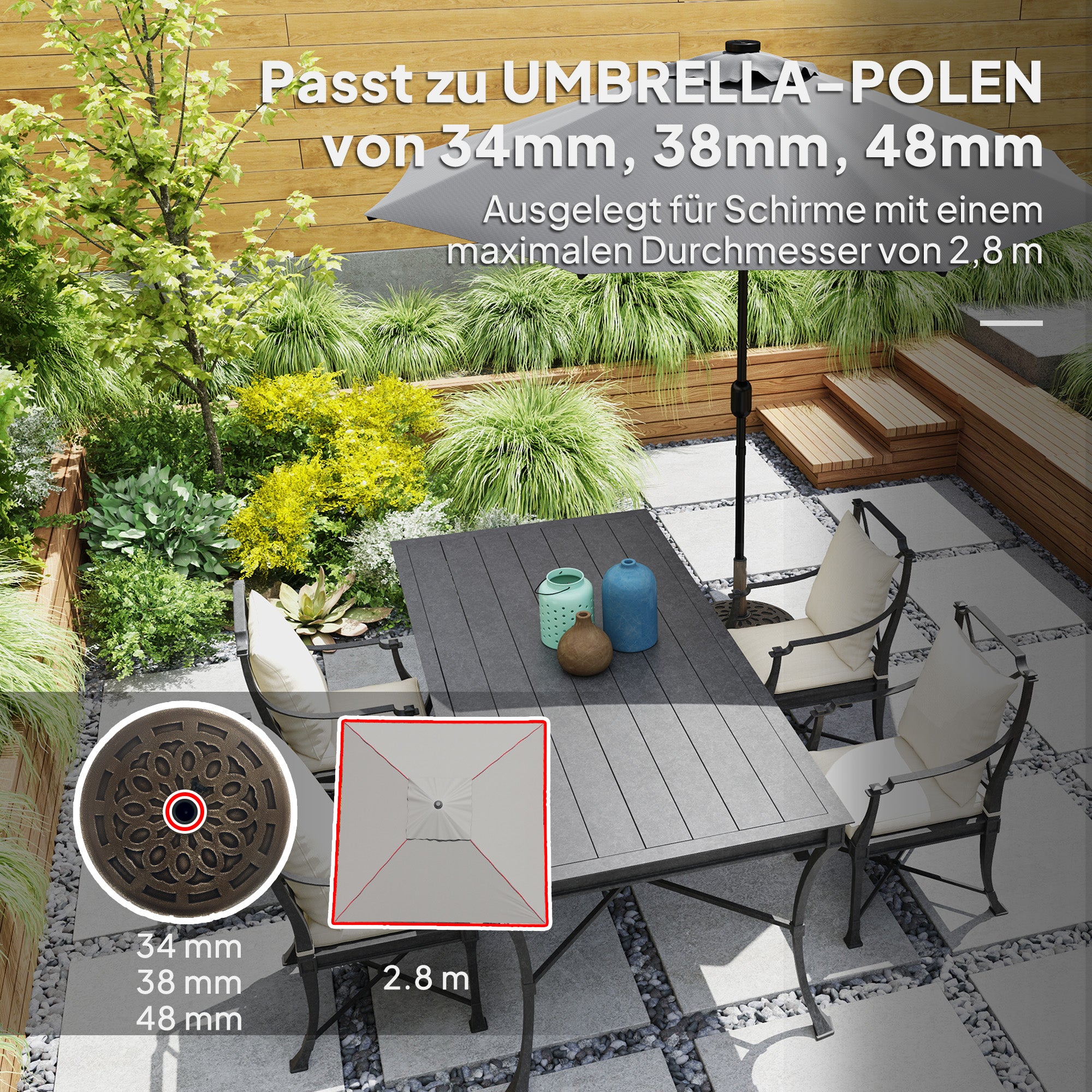 Concrete Umbrella Stand with Wheels, Round Umbrella Holder, Umbrella Weight, Stand for Umbrella 34/38/48mm Pole Diameter, for Balcony, Terrace, Garden, Bronze