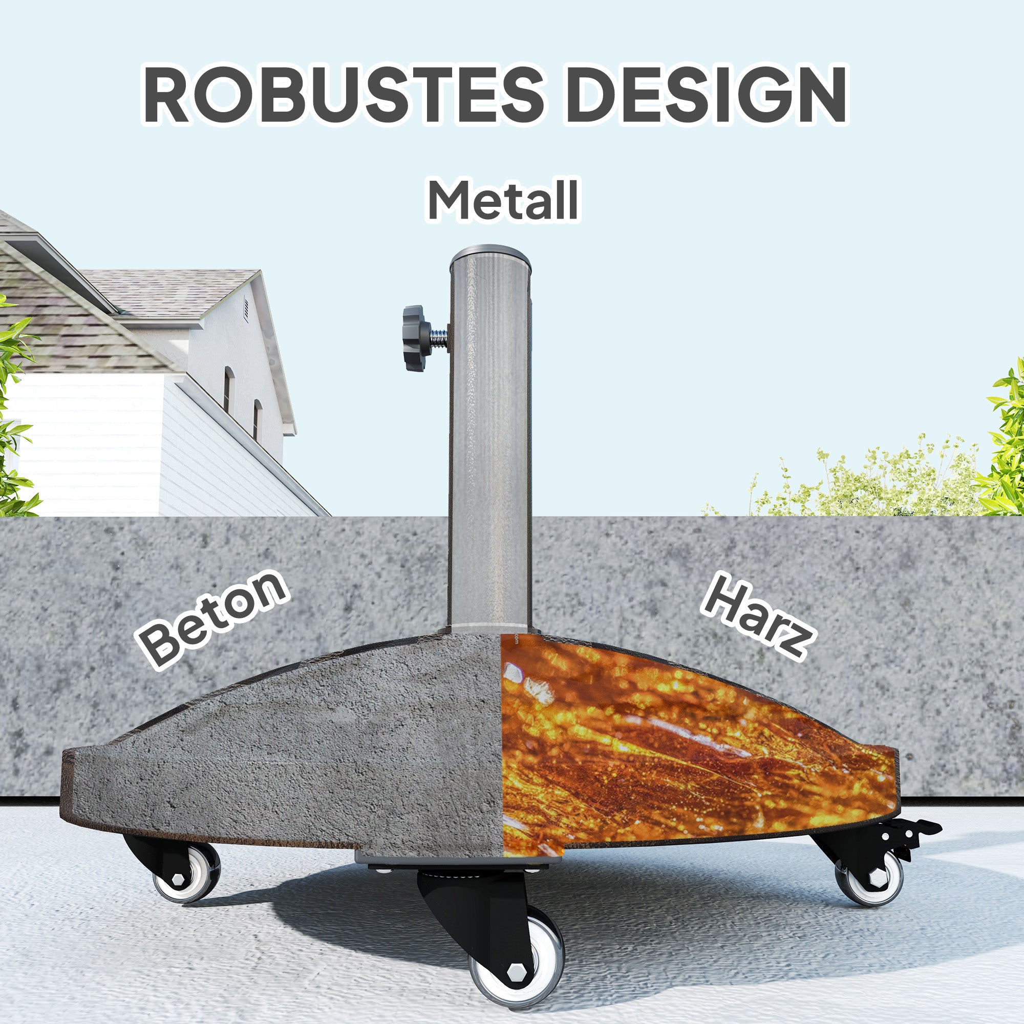 Concrete Umbrella Stand with Wheels, Round Umbrella Holder, Umbrella Weight, Stand for Umbrella 34/38/48mm Pole Diameter, for Balcony, Terrace, Garden, Bronze