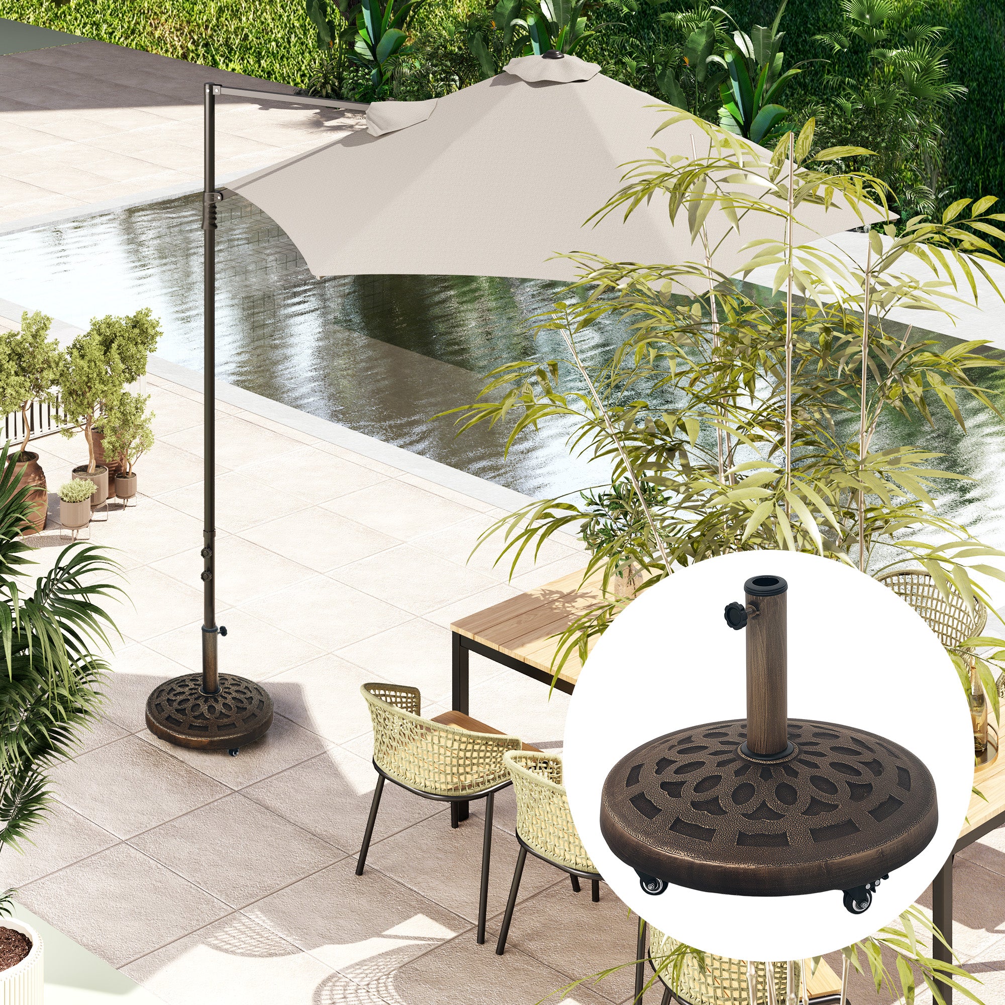 Concrete Umbrella Stand with Wheels, Round Umbrella Holder, Umbrella Weight, Stand for Umbrella 34/38/48mm Pole Diameter, for Balcony, Terrace, Garden, Bronze