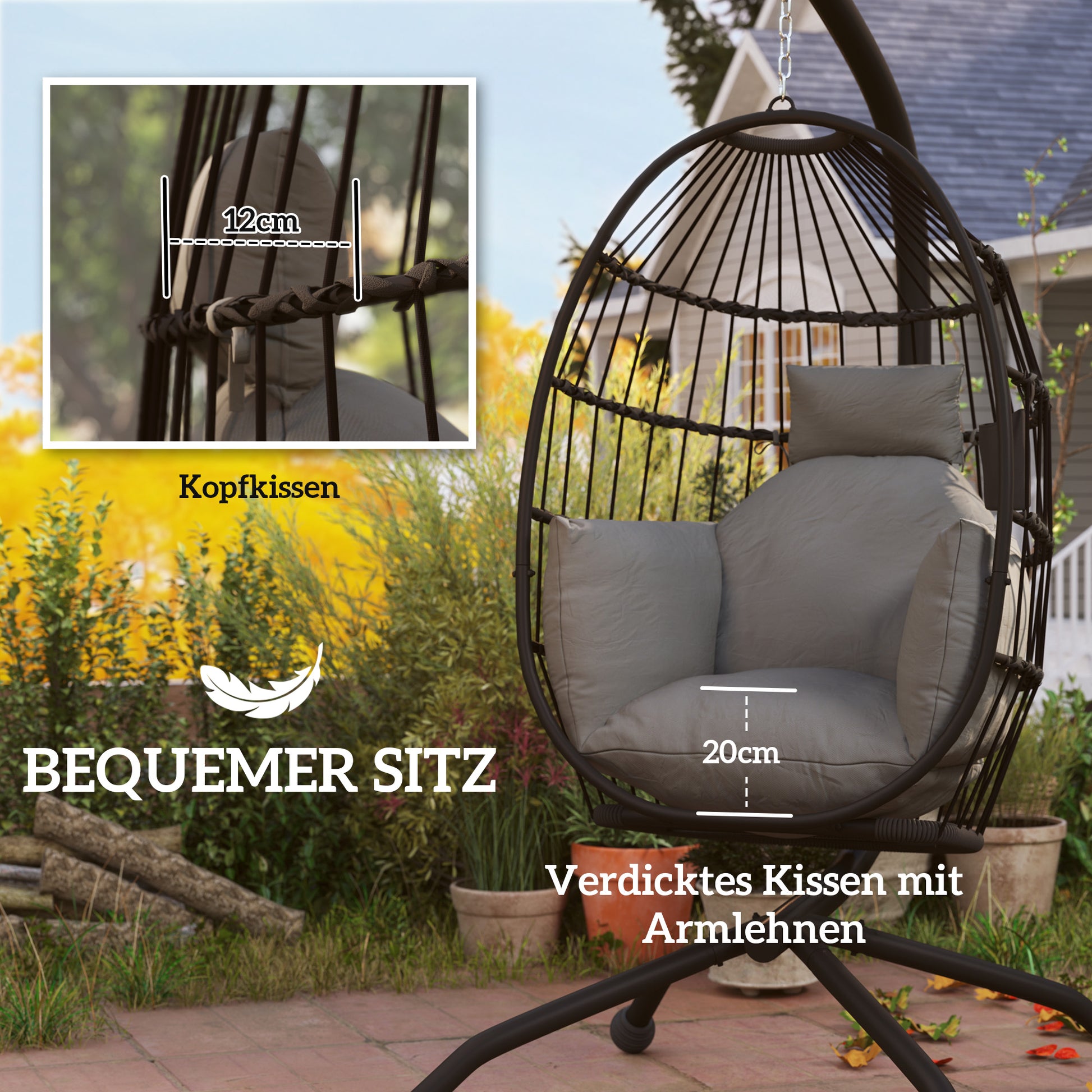 Egg-shaped Hanging Chair with Stand, Foldable Hanging Swing with Cup Holder, Removable Washable Seat, Hammock, Swing Chair for Patio, Garden, Black