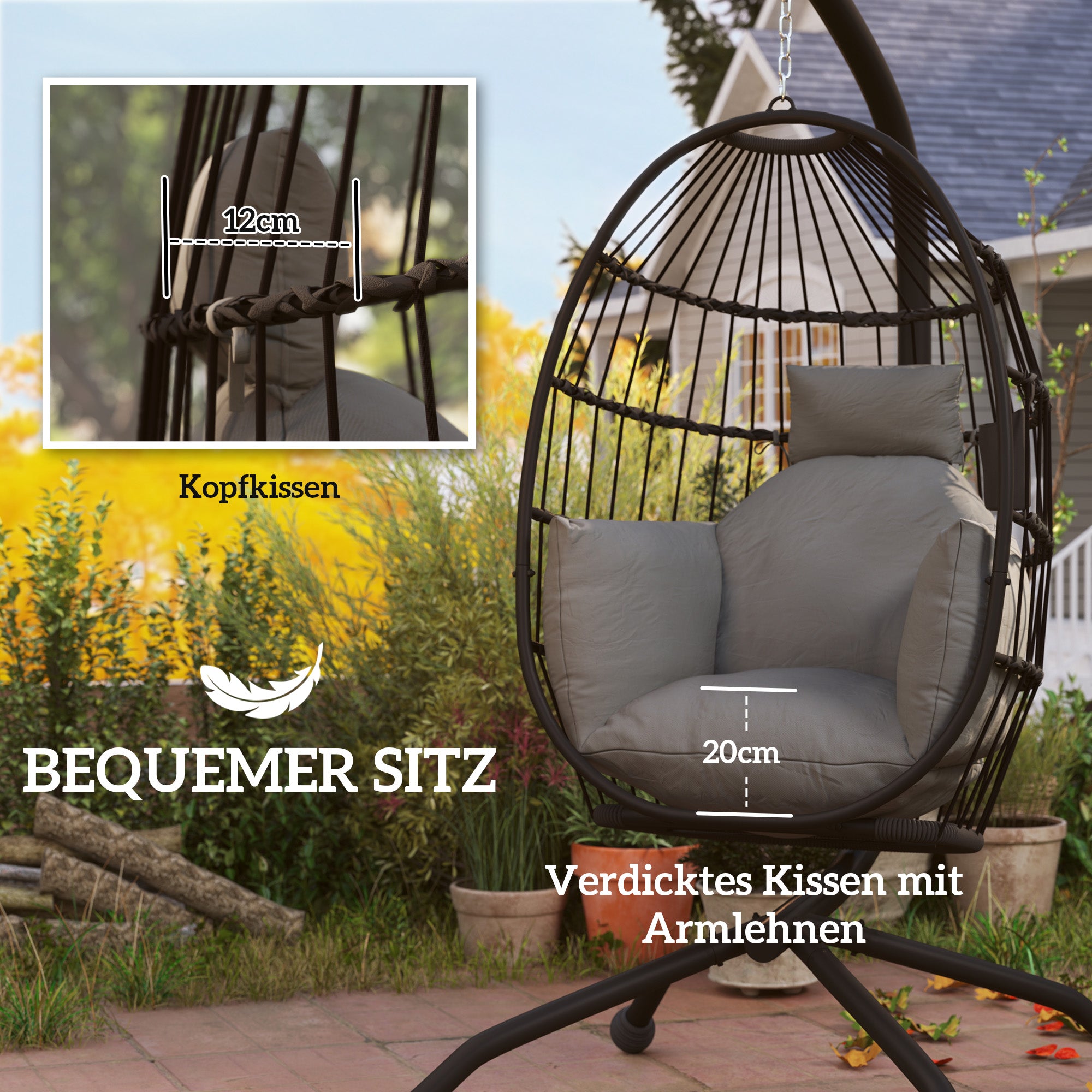 Egg-shaped Hanging Chair with Stand, Foldable Hanging Swing with Cup Holder, Removable Washable Seat, Hammock, Swing Chair for Patio, Garden, Black