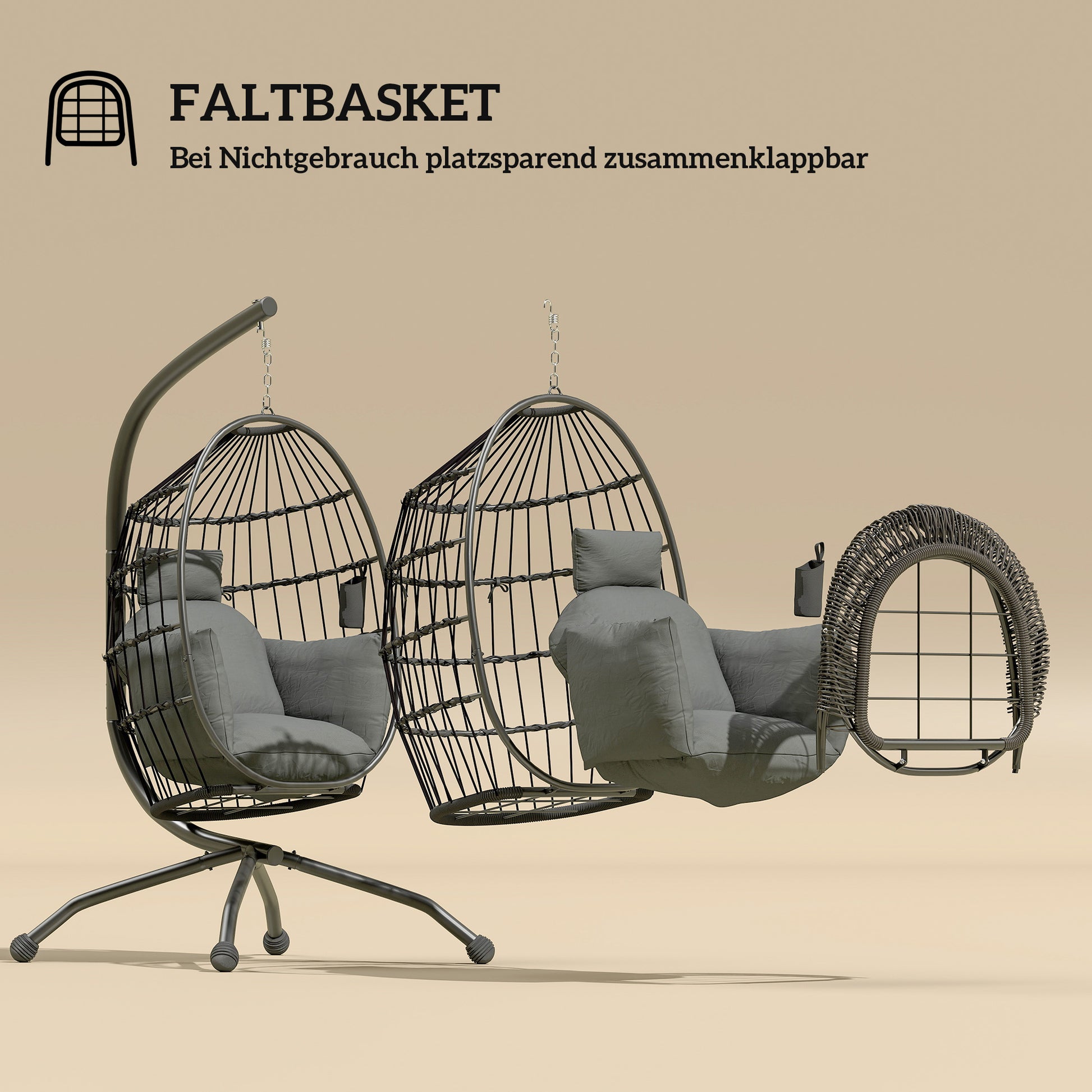 Egg-shaped Hanging Chair with Stand, Foldable Hanging Swing with Cup Holder, Removable Washable Seat, Hammock, Swing Chair for Patio, Garden, Black