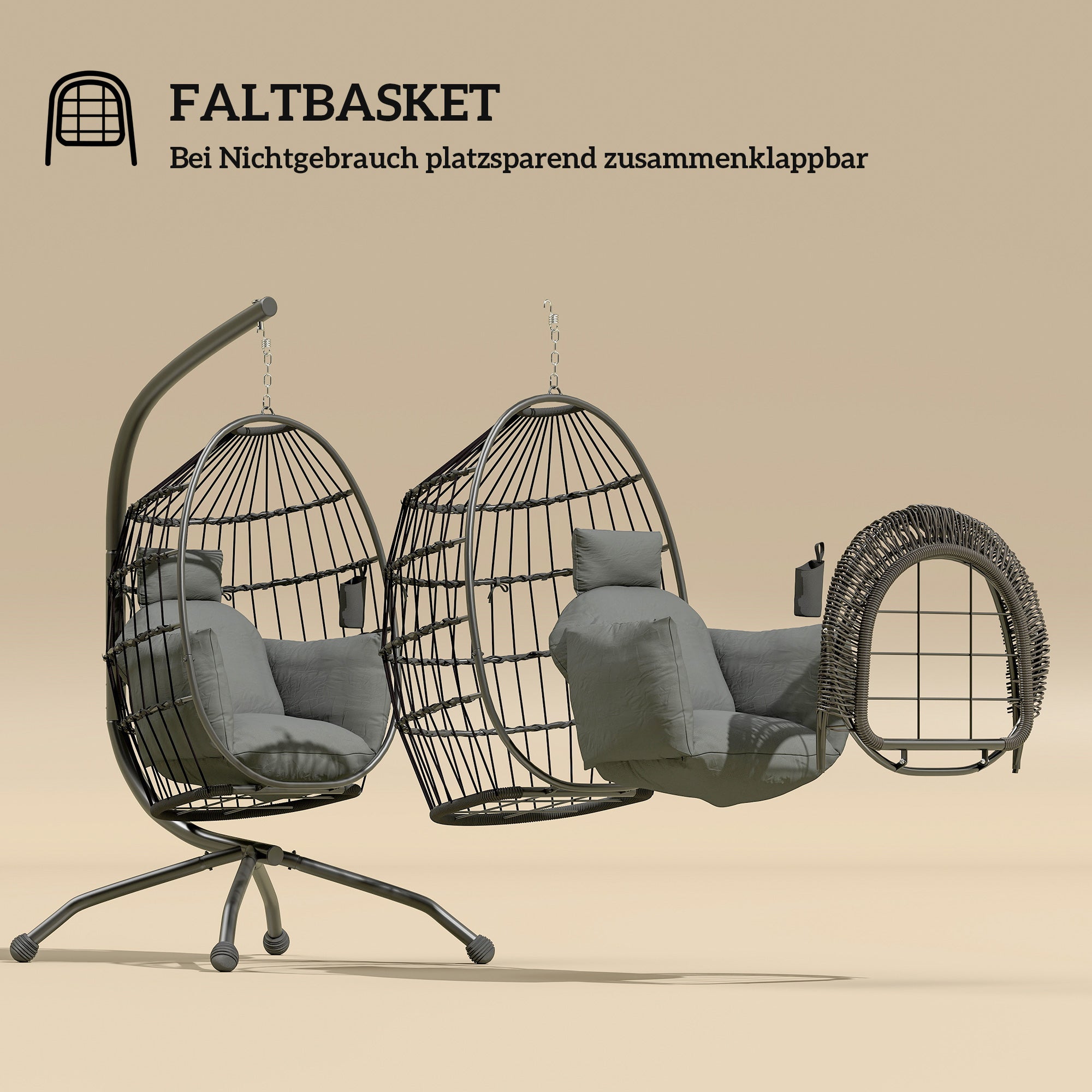 Egg-shaped Hanging Chair with Stand, Foldable Hanging Swing with Cup Holder, Removable Washable Seat, Hammock, Swing Chair for Patio, Garden, Black