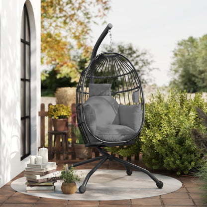 Egg-shaped Hanging Chair with Stand, Foldable Hanging Swing with Cup Holder, Removable Washable Seat, Hammock, Swing Chair for Patio, Garden, Black