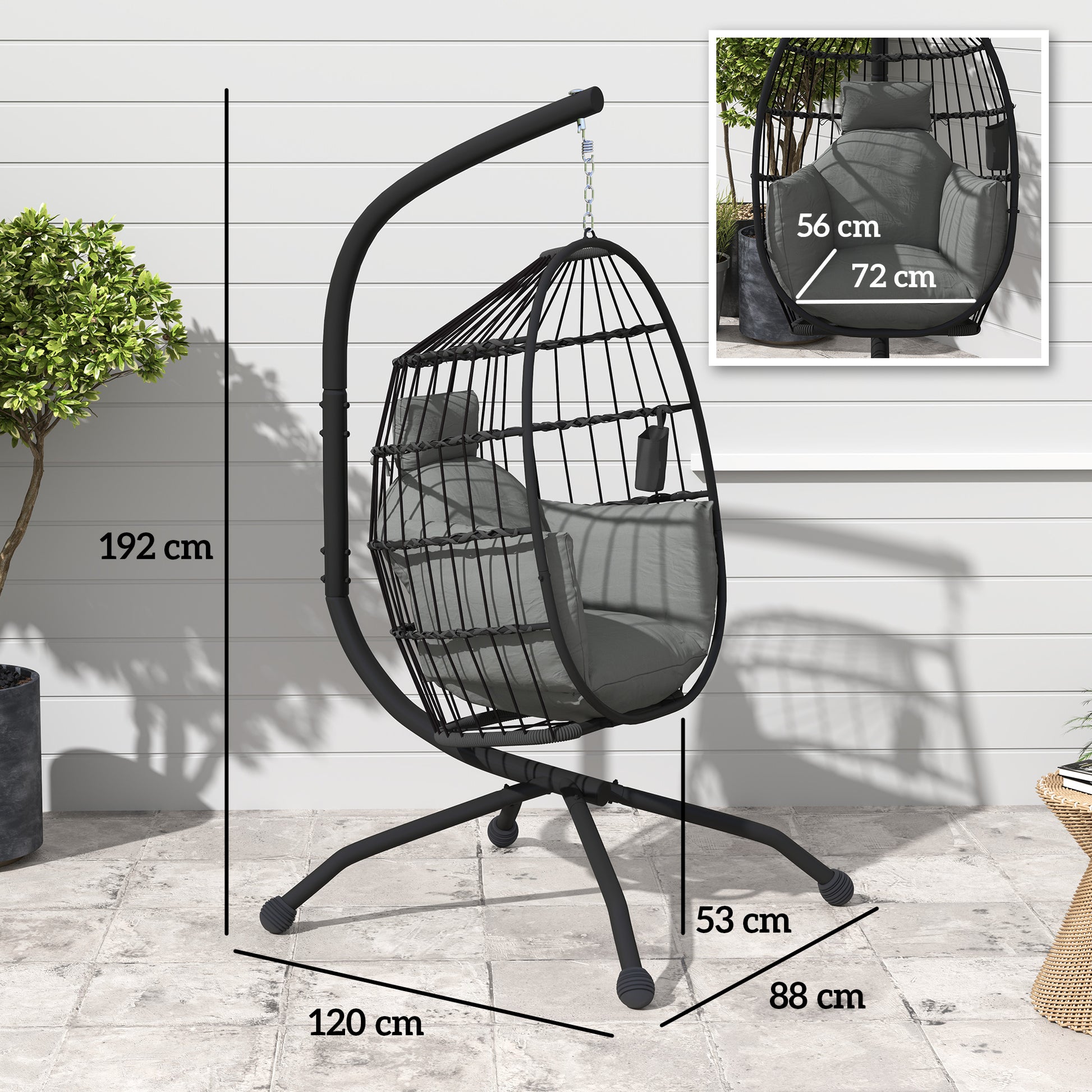 Egg-shaped Hanging Chair with Stand, Foldable Hanging Swing with Cup Holder, Removable Washable Seat, Hammock, Swing Chair for Patio, Garden, Black
