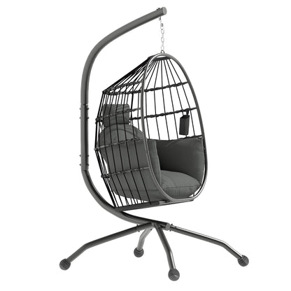 Egg-shaped Hanging Chair with Stand, Foldable Hanging Swing with Cup Holder, Removable Washable Seat, Hammock, Swing Chair for Patio, Garden, Black