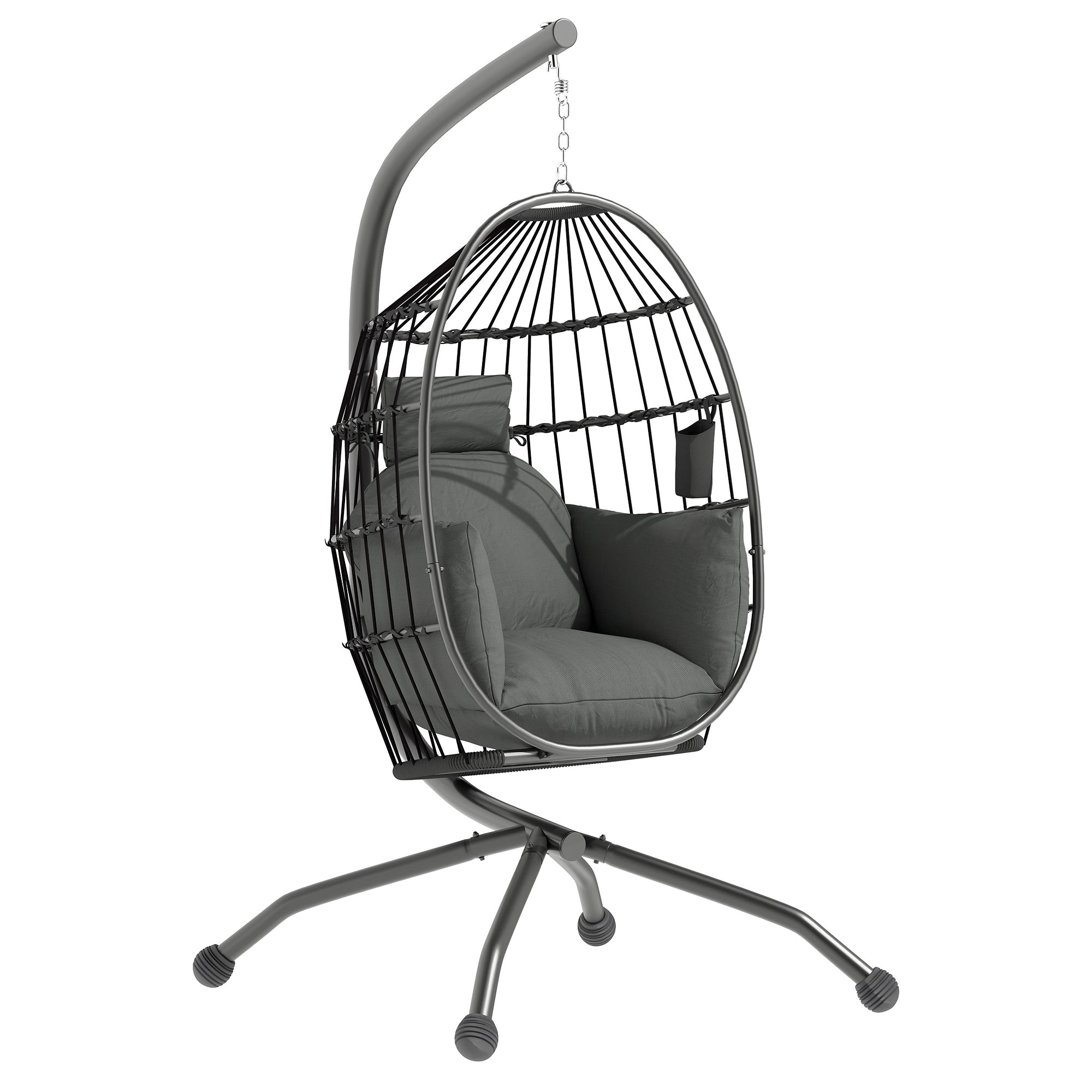 Egg-shaped Hanging Chair with Stand, Foldable Hanging Swing with Cup Holder, Removable Washable Seat, Hammock, Swing Chair for Patio, Garden, Black