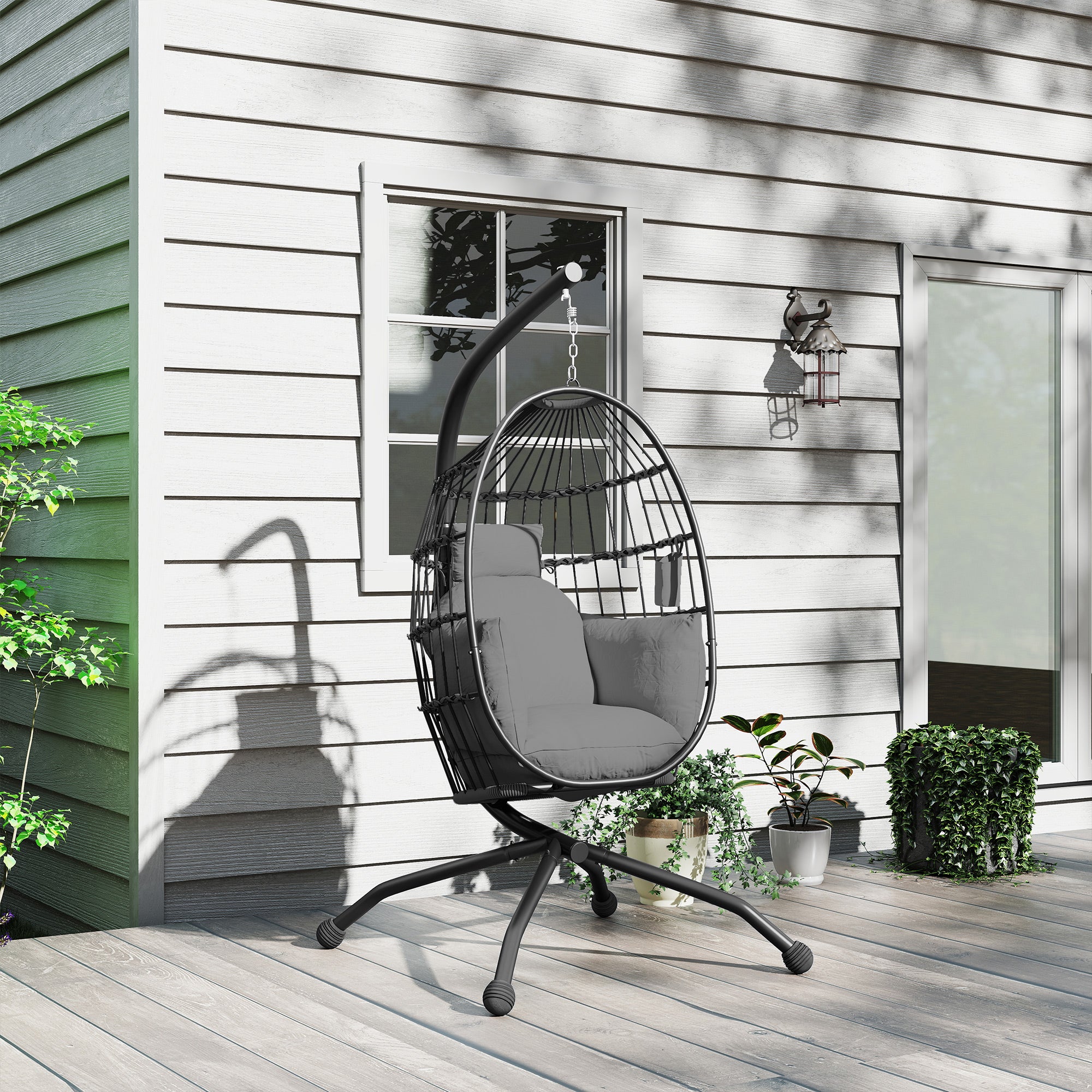 Egg-shaped Hanging Chair with Stand, Foldable Hanging Swing with Cup Holder, Removable Washable Seat, Hammock, Swing Chair for Patio, Garden, Black