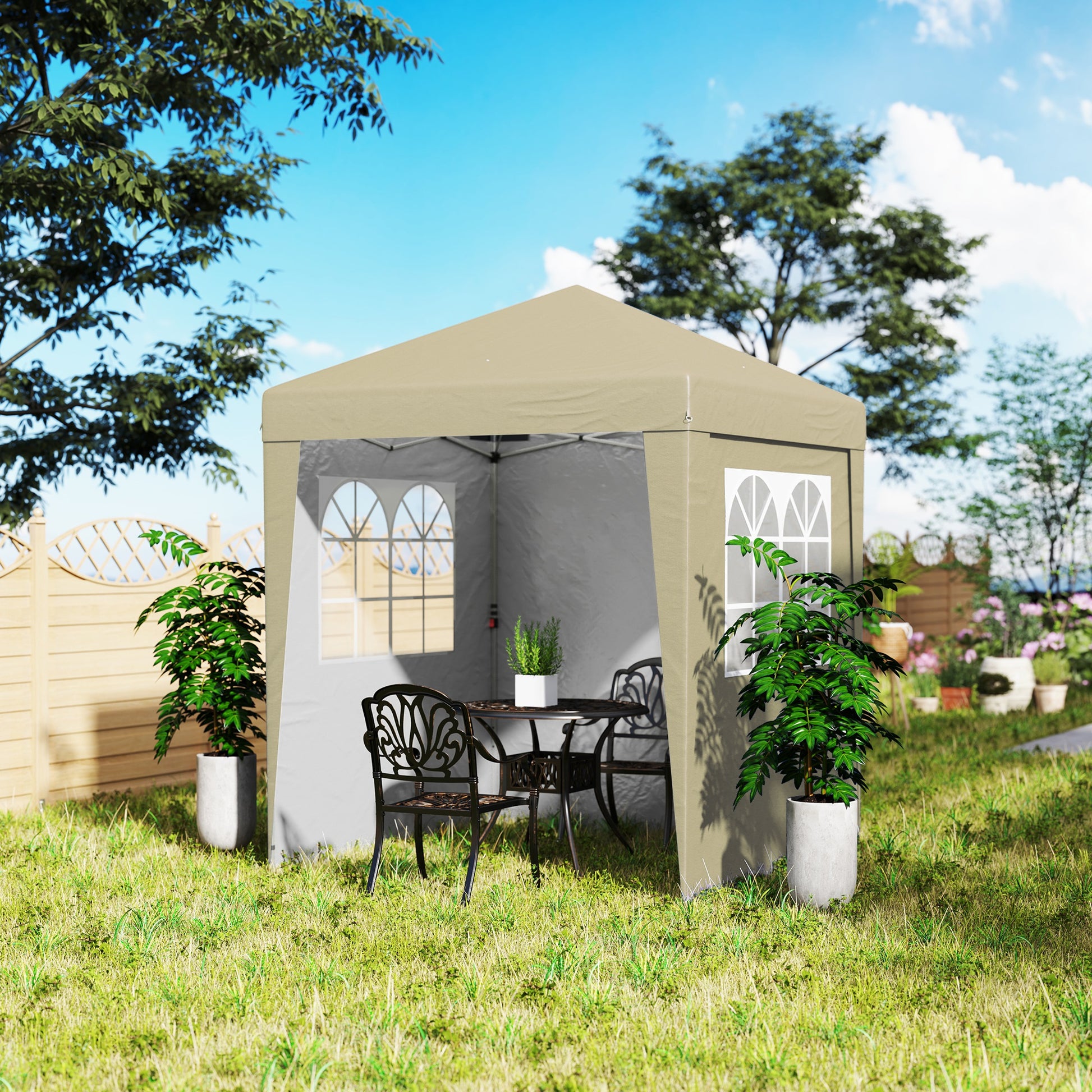 Folding Garden Gazebo 2 x 2 m Popup Reception Tent Adjustable Height 3 Levels Anti-UV 30+ 3 Side Walls with 4 Sandbags and 1 Carry Bag Oxford Fabric Steel Beige
