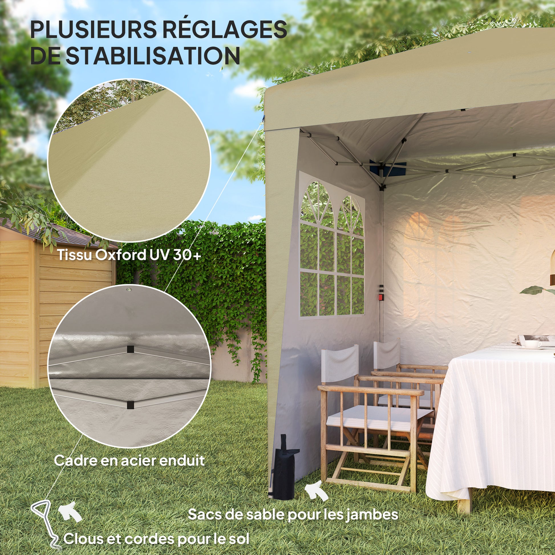 Folding Garden Gazebo 2 x 2 m Popup Reception Tent Adjustable Height 3 Levels Anti-UV 30+ 3 Side Walls with 4 Sandbags and 1 Carry Bag Oxford Fabric Steel Beige