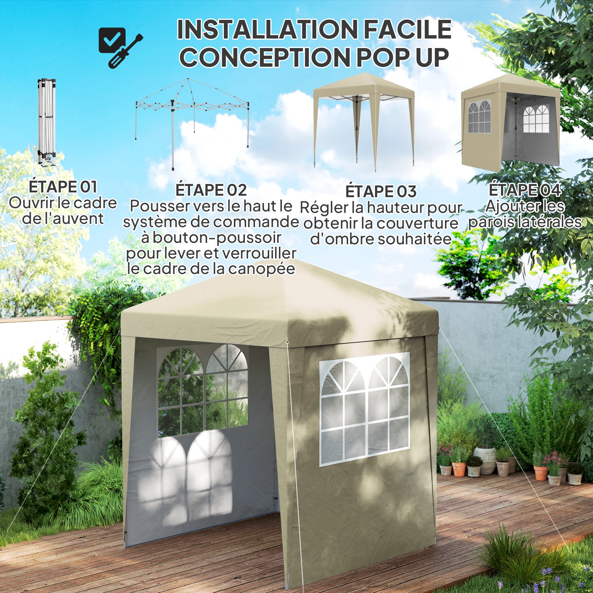 Folding Garden Gazebo 2 x 2 m Popup Reception Tent Adjustable Height 3 Levels Anti-UV 30+ 3 Side Walls with 4 Sandbags and 1 Carry Bag Oxford Fabric Steel Beige