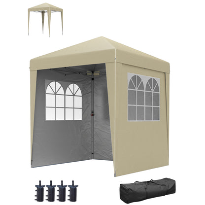 Folding Garden Gazebo 2 x 2 m Popup Reception Tent Adjustable Height 3 Levels Anti-UV 30+ 3 Side Walls with 4 Sandbags and 1 Carry Bag Oxford Fabric Steel Beige