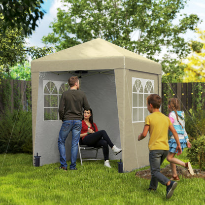Folding Garden Gazebo 2 x 2 m Popup Reception Tent Adjustable Height 3 Levels Anti-UV 30+ 3 Side Walls with 4 Sandbags and 1 Carry Bag Oxford Fabric Steel Beige