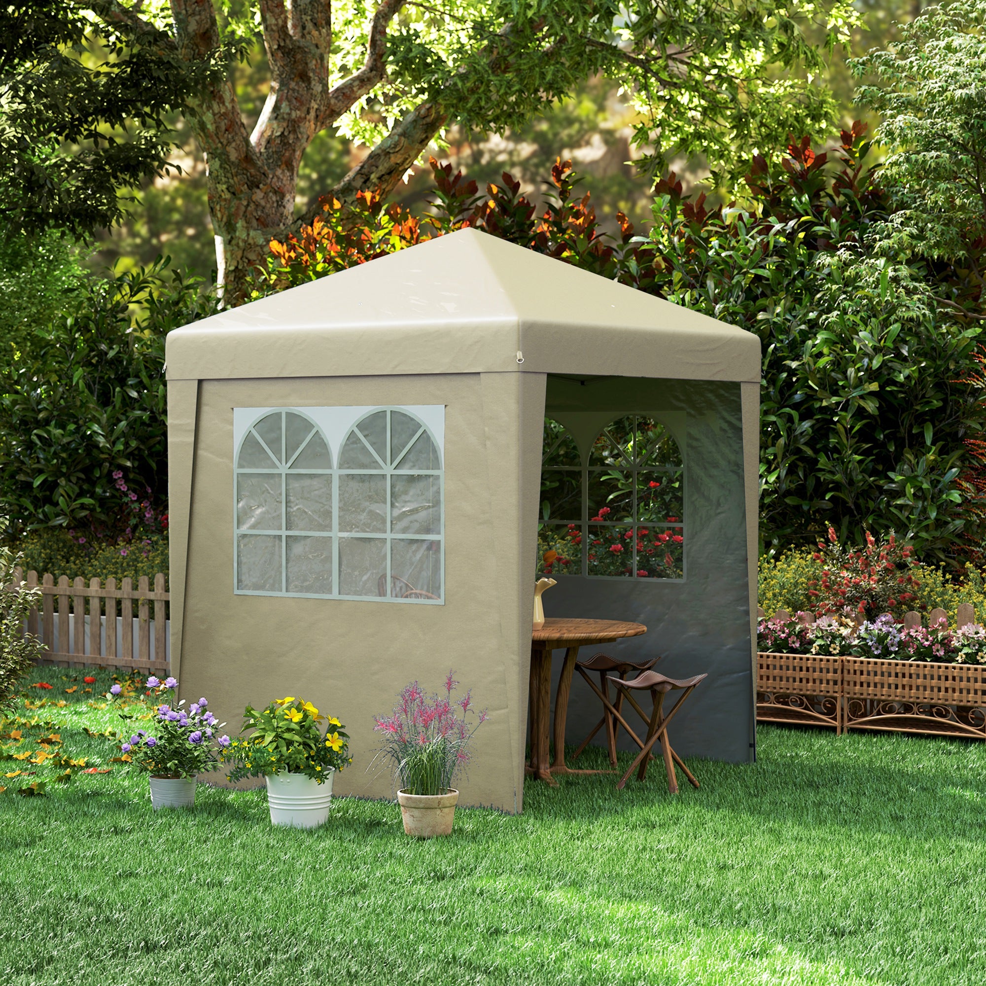 Folding Garden Gazebo 2 x 2 m Popup Reception Tent Adjustable Height 3 Levels Anti-UV 30+ 3 Side Walls with 4 Sandbags and 1 Carry Bag Oxford Fabric Steel Beige