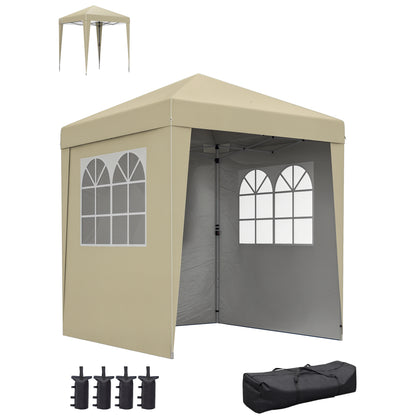 Folding Garden Gazebo 2 x 2 m Popup Reception Tent Adjustable Height 3 Levels Anti-UV 30+ 3 Side Walls with 4 Sandbags and 1 Carry Bag Oxford Fabric Steel Beige