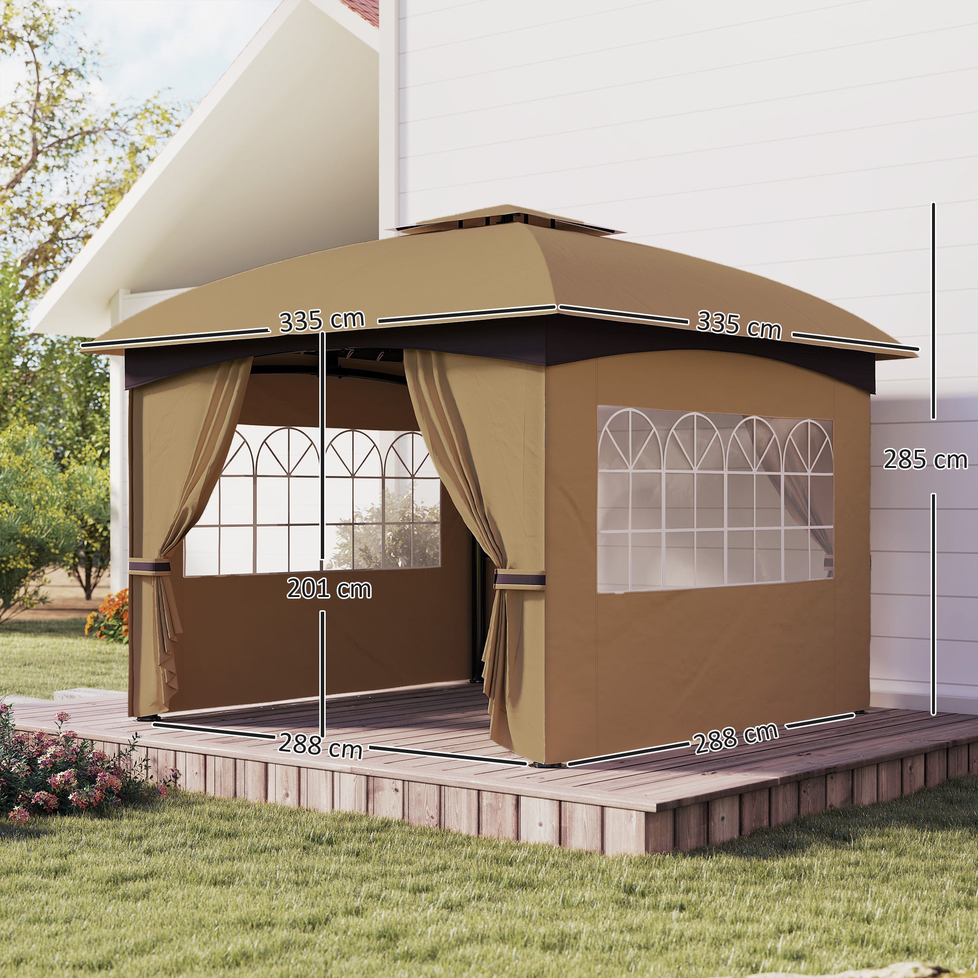 Pavilion approx. 3.4x3.4m waterproof Garden Pavilion with 4 side panels, double roof, party tent with UV protection, garden canopy with galvanized metal frame, for garden Beige