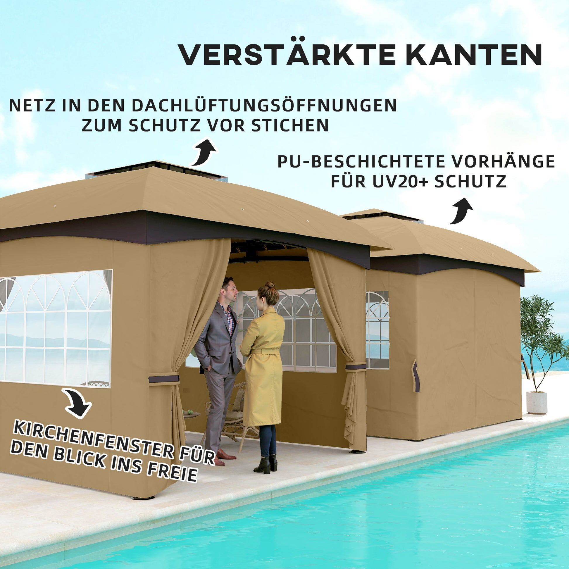 Pavilion approx. 3.4x3.4m waterproof Garden Pavilion with 4 side panels, double roof, party tent with UV protection, garden canopy with galvanized metal frame, for garden Beige