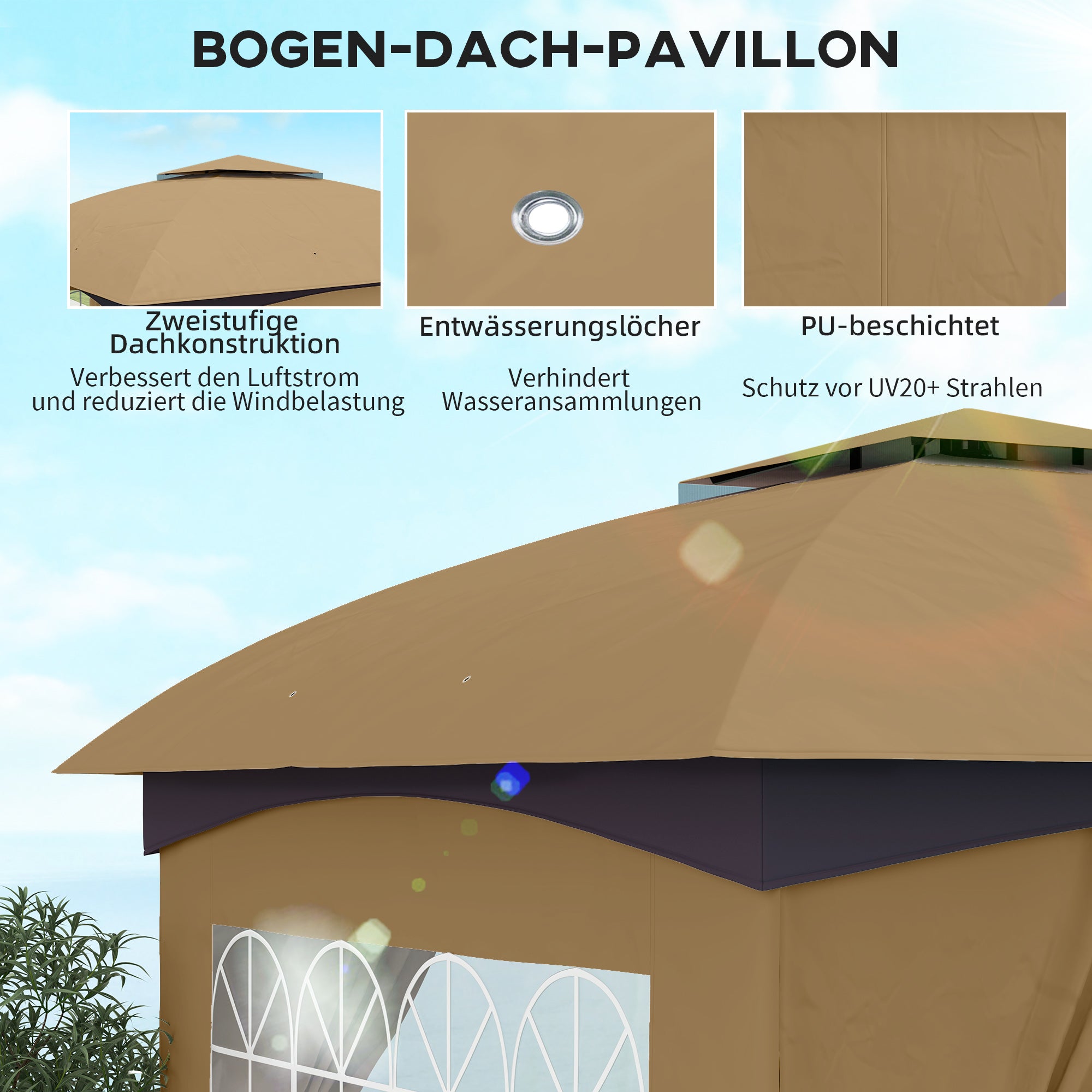 Pavilion approx. 3.4x3.4m waterproof Garden Pavilion with 4 side panels, double roof, party tent with UV protection, garden canopy with galvanized metal frame, for garden Beige