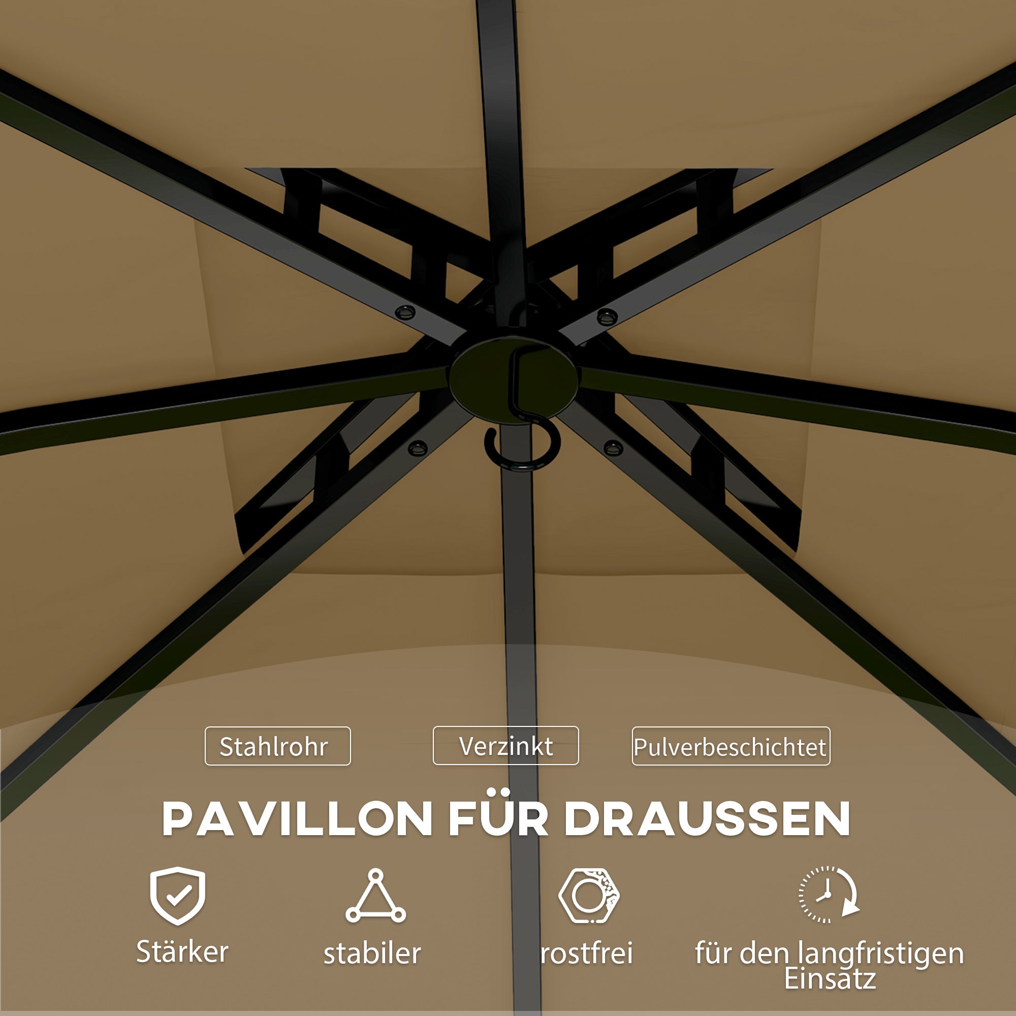 Pavilion approx. 3.4x3.4m waterproof Garden Pavilion with 4 side panels, double roof, party tent with UV protection, garden canopy with galvanized metal frame, for garden Beige