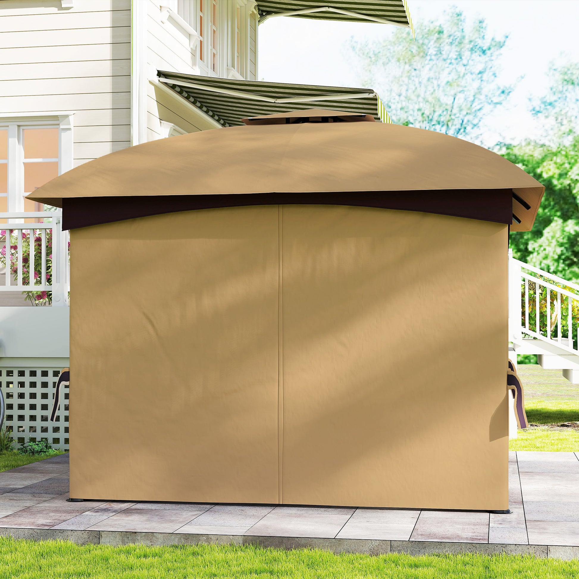 Pavilion approx. 3.4x3.4m waterproof Garden Pavilion with 4 side panels, double roof, party tent with UV protection, garden canopy with galvanized metal frame, for garden Beige