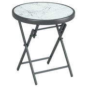 Folding Side Table, Glass Folding Table with Marble Effect, Small Camping Table, Round Coffee Table Balcony Table for Balcony Terrace Living Room Office, 45 x 45 x 50 cm, White