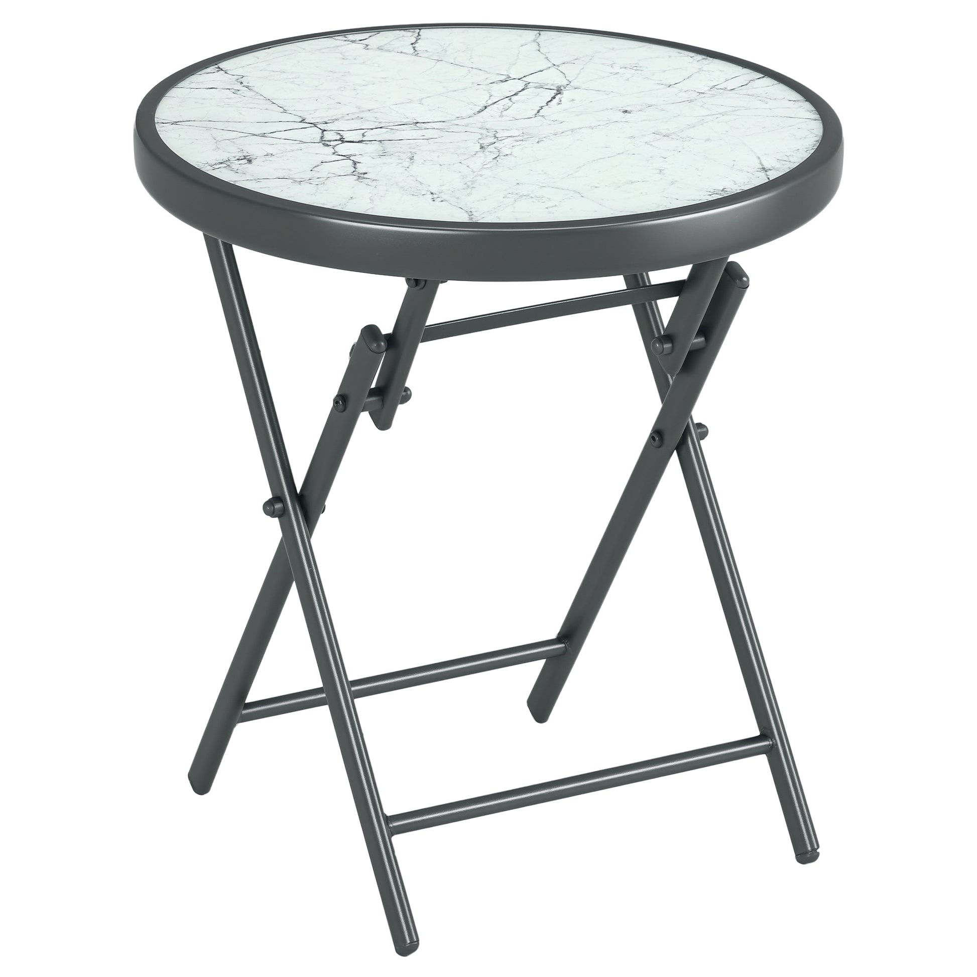 Folding Side Table, Glass Folding Table with Marble Effect, Small Camping Table, Round Coffee Table Balcony Table for Balcony Terrace Living Room Office, 45 x 45 x 50 cm, White