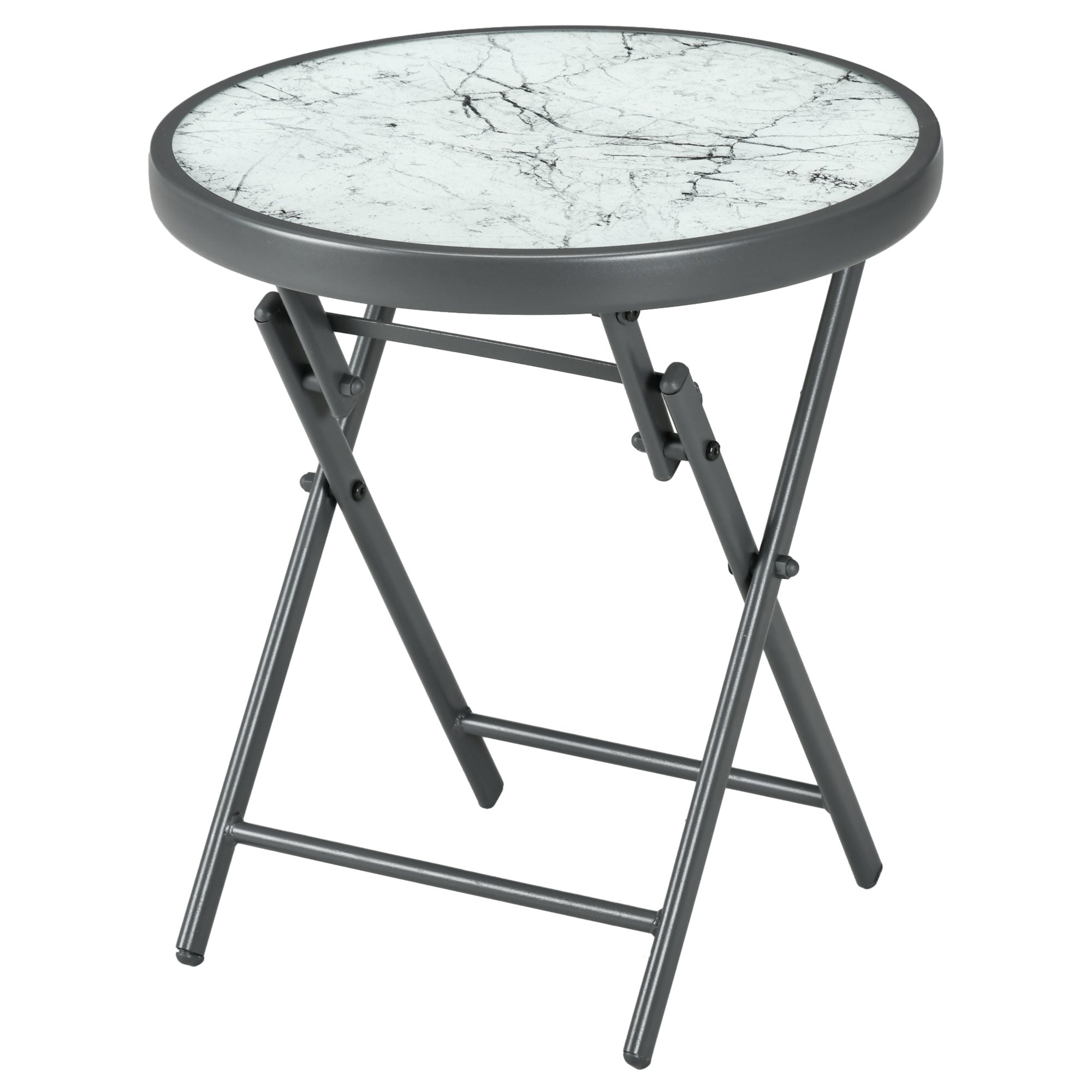 Folding Side Table, Glass Folding Table with Marble Effect, Small Camping Table, Round Coffee Table Balcony Table for Balcony Terrace Living Room Office, 45 x 45 x 50 cm, White