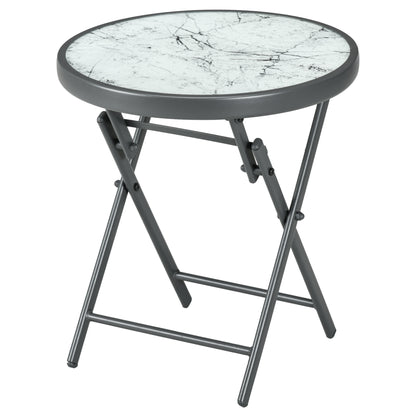 Folding Side Table, Glass Folding Table with Marble Effect, Small Camping Table, Round Coffee Table Balcony Table for Balcony Terrace Living Room Office, 45 x 45 x 50 cm, White