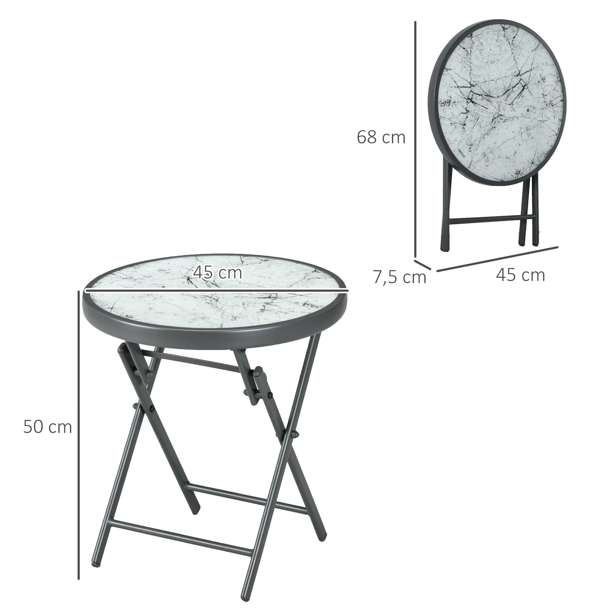 Folding Side Table, Glass Folding Table with Marble Effect, Small Camping Table, Round Coffee Table Balcony Table for Balcony Terrace Living Room Office, 45 x 45 x 50 cm, White