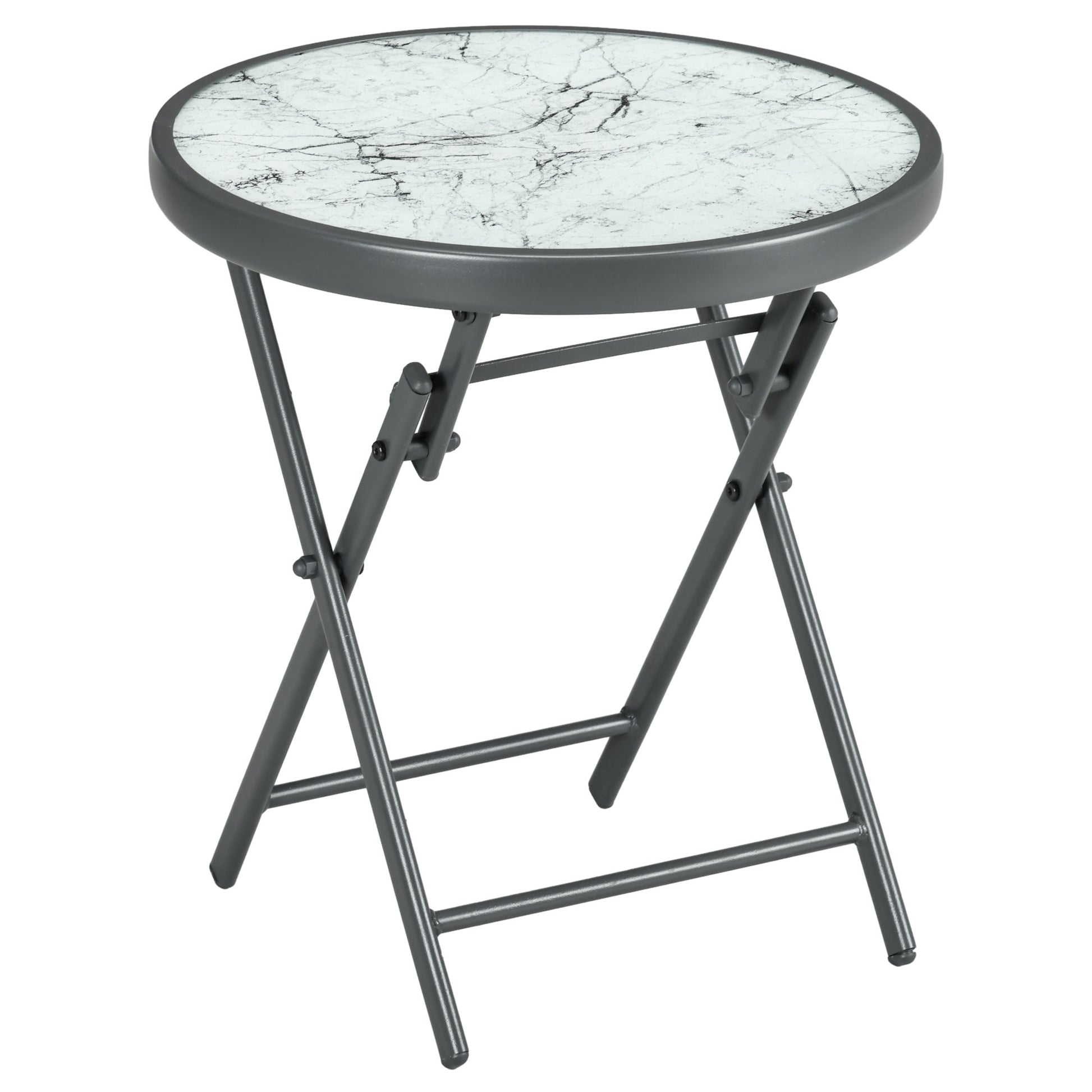 Folding Side Table, Glass Folding Table with Marble Effect, Small Camping Table, Round Coffee Table Balcony Table for Balcony Terrace Living Room Office, 45 x 45 x 50 cm, White