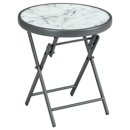 Folding Side Table, Glass Folding Table with Marble Effect, Small Camping Table, Round Coffee Table Balcony Table for Balcony Terrace Living Room Office, 45 x 45 x 50 cm, White