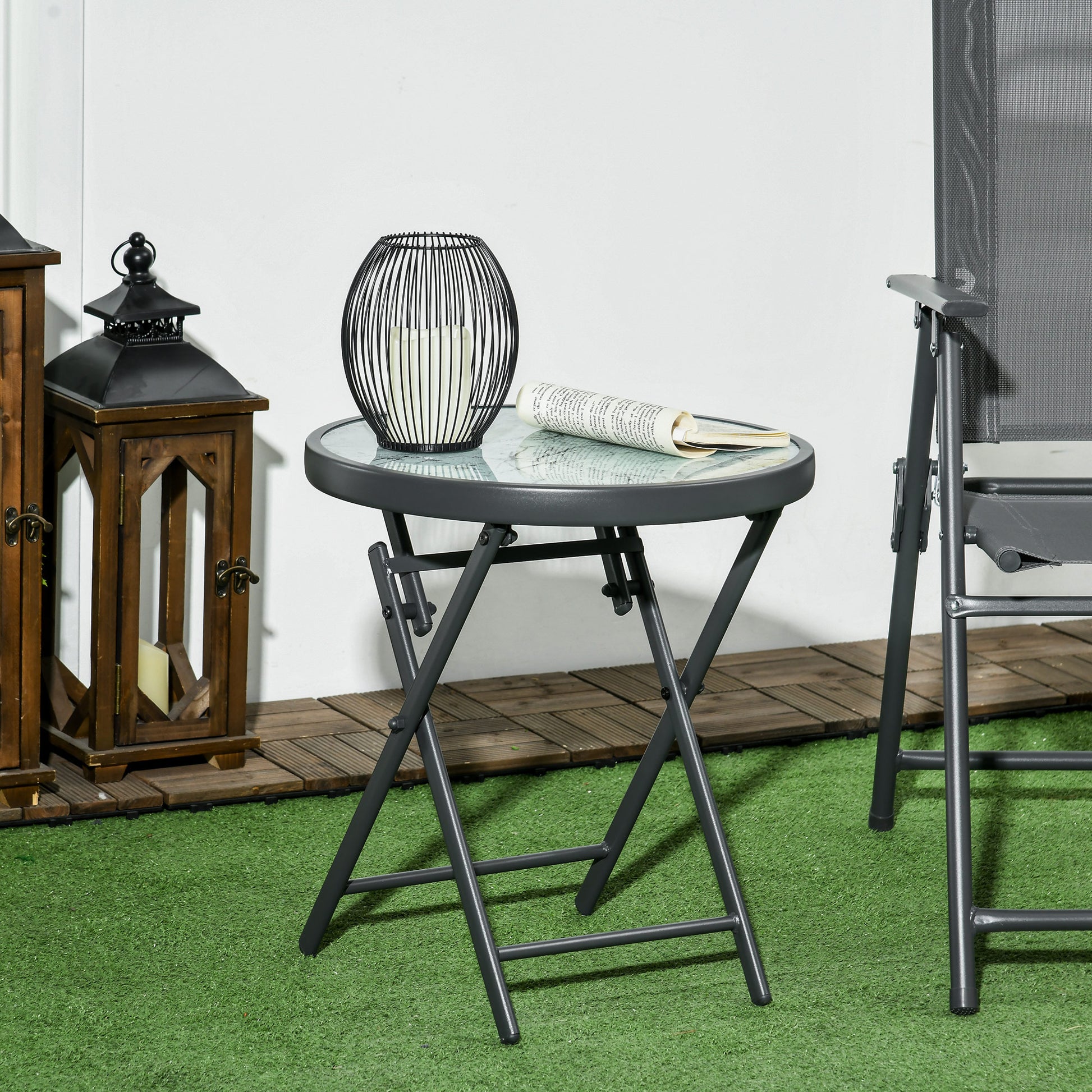Folding Side Table, Glass Folding Table with Marble Effect, Small Camping Table, Round Coffee Table Balcony Table for Balcony Terrace Living Room Office, 45 x 45 x 50 cm, White