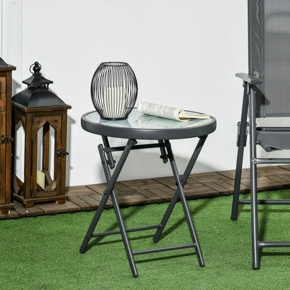Folding Side Table, Glass Folding Table with Marble Effect, Small Camping Table, Round Coffee Table Balcony Table for Balcony Terrace Living Room Office, 45 x 45 x 50 cm, White