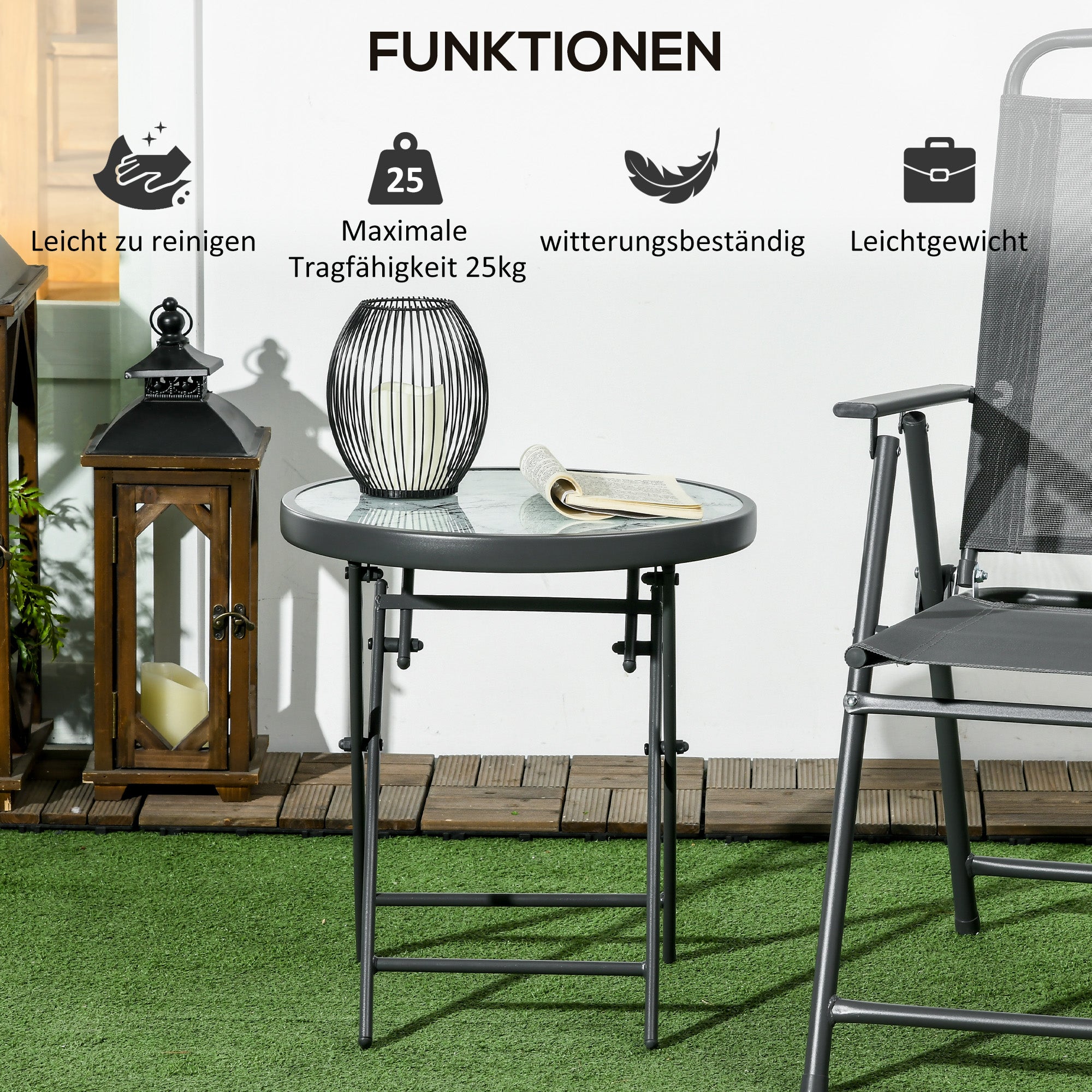 Folding Side Table, Glass Folding Table with Marble Effect, Small Camping Table, Round Coffee Table Balcony Table for Balcony Terrace Living Room Office, 45 x 45 x 50 cm, White