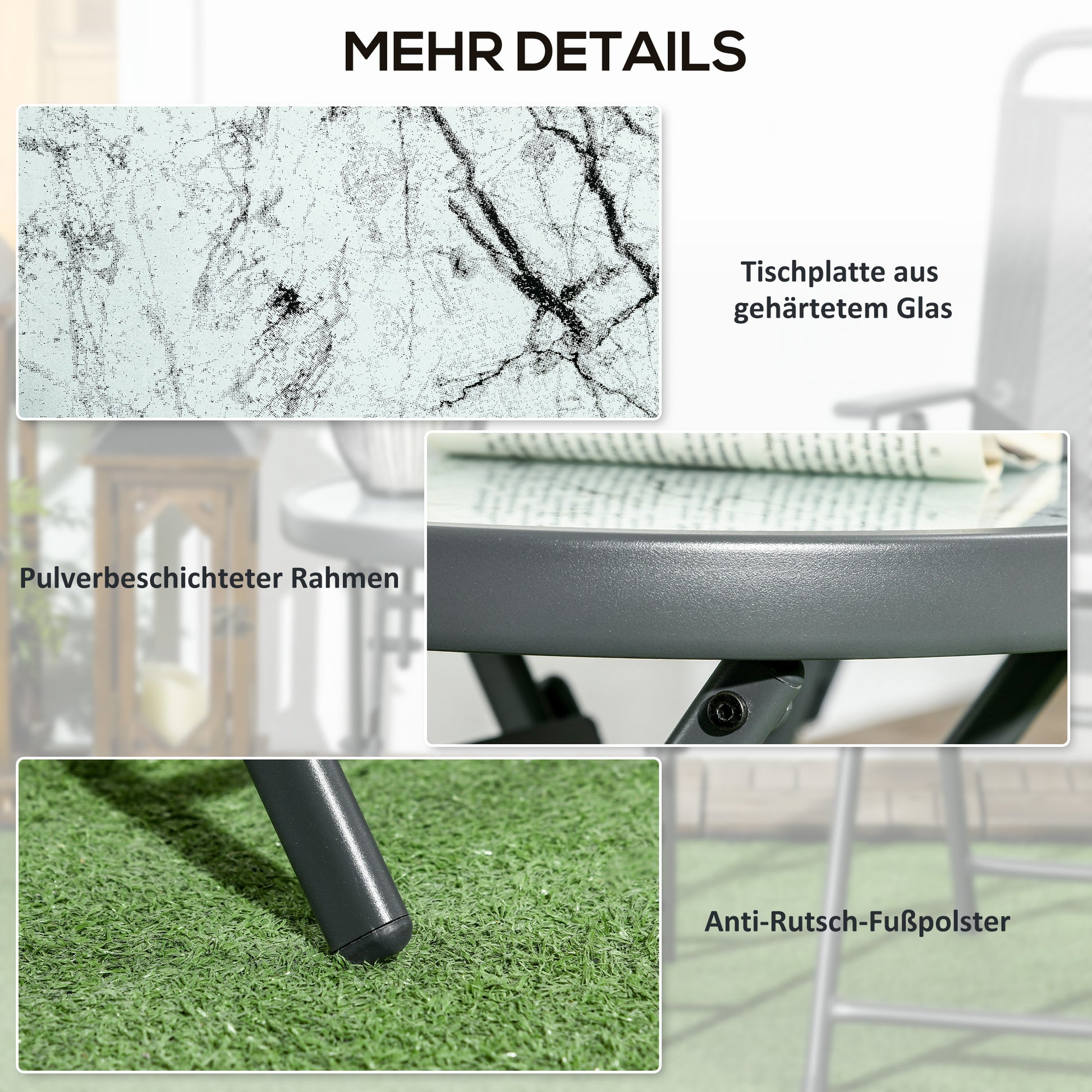 Folding Side Table, Glass Folding Table with Marble Effect, Small Camping Table, Round Coffee Table Balcony Table for Balcony Terrace Living Room Office, 45 x 45 x 50 cm, White