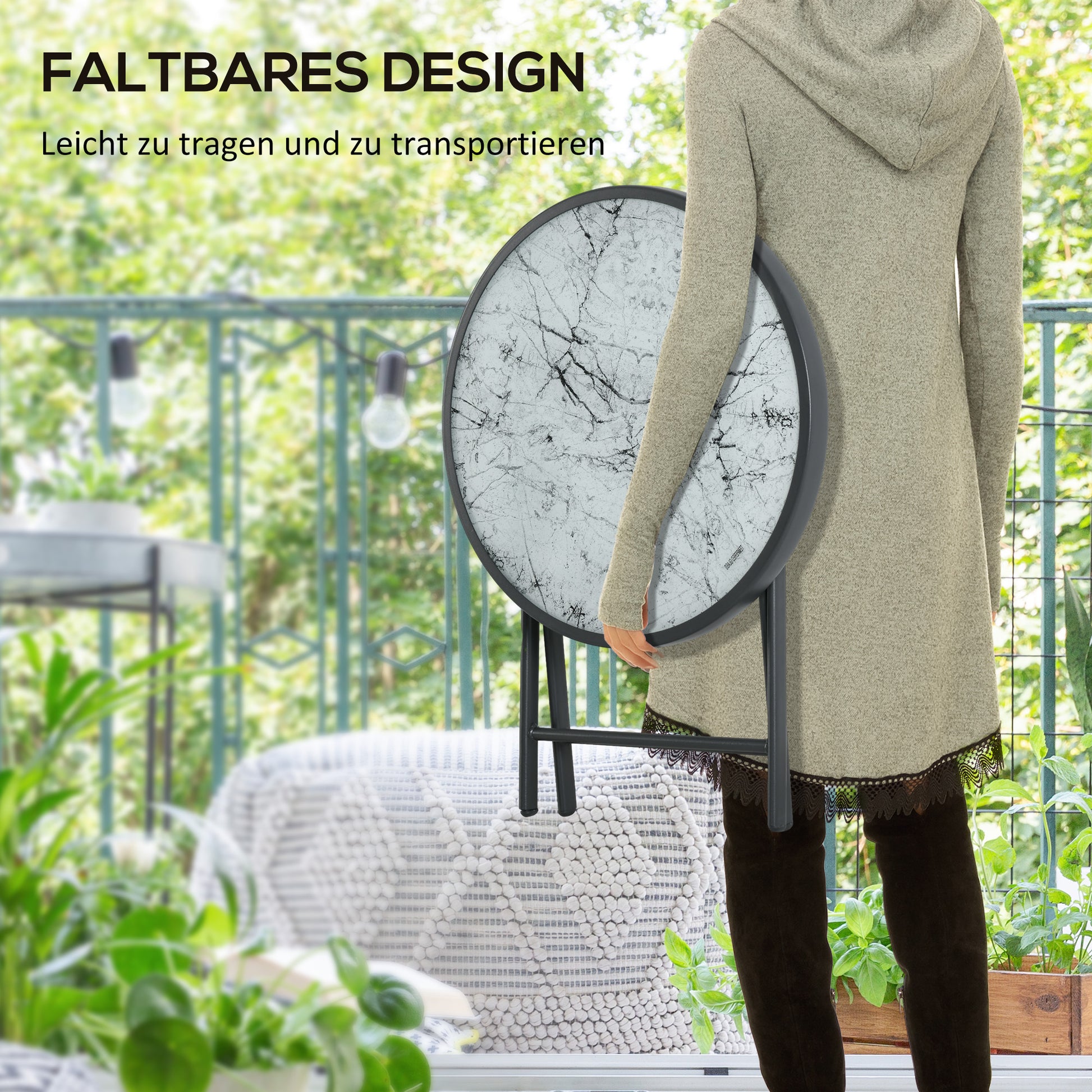 Folding Side Table, Glass Folding Table with Marble Effect, Small Camping Table, Round Coffee Table Balcony Table for Balcony Terrace Living Room Office, 45 x 45 x 50 cm, White