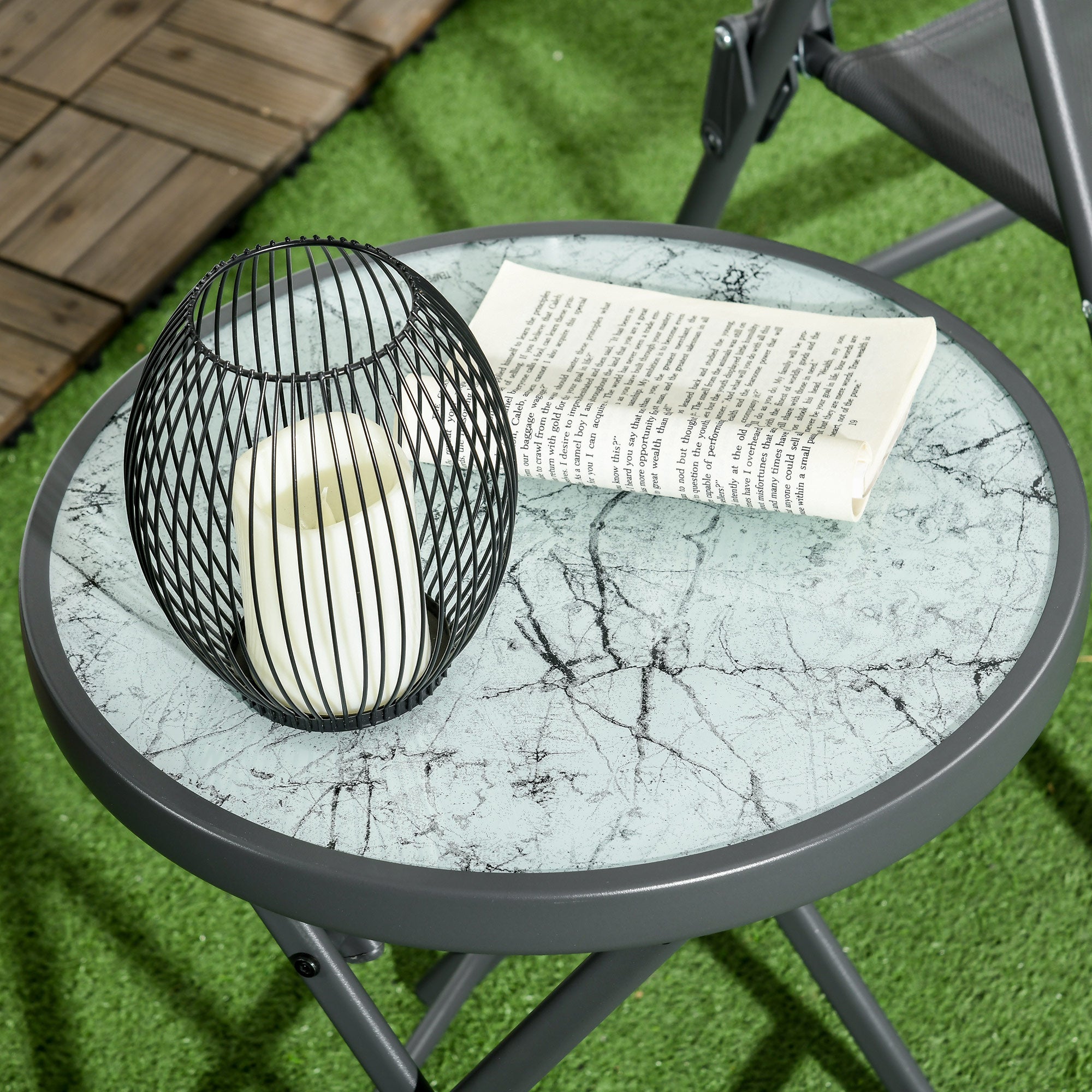 Folding Side Table, Glass Folding Table with Marble Effect, Small Camping Table, Round Coffee Table Balcony Table for Balcony Terrace Living Room Office, 45 x 45 x 50 cm, White