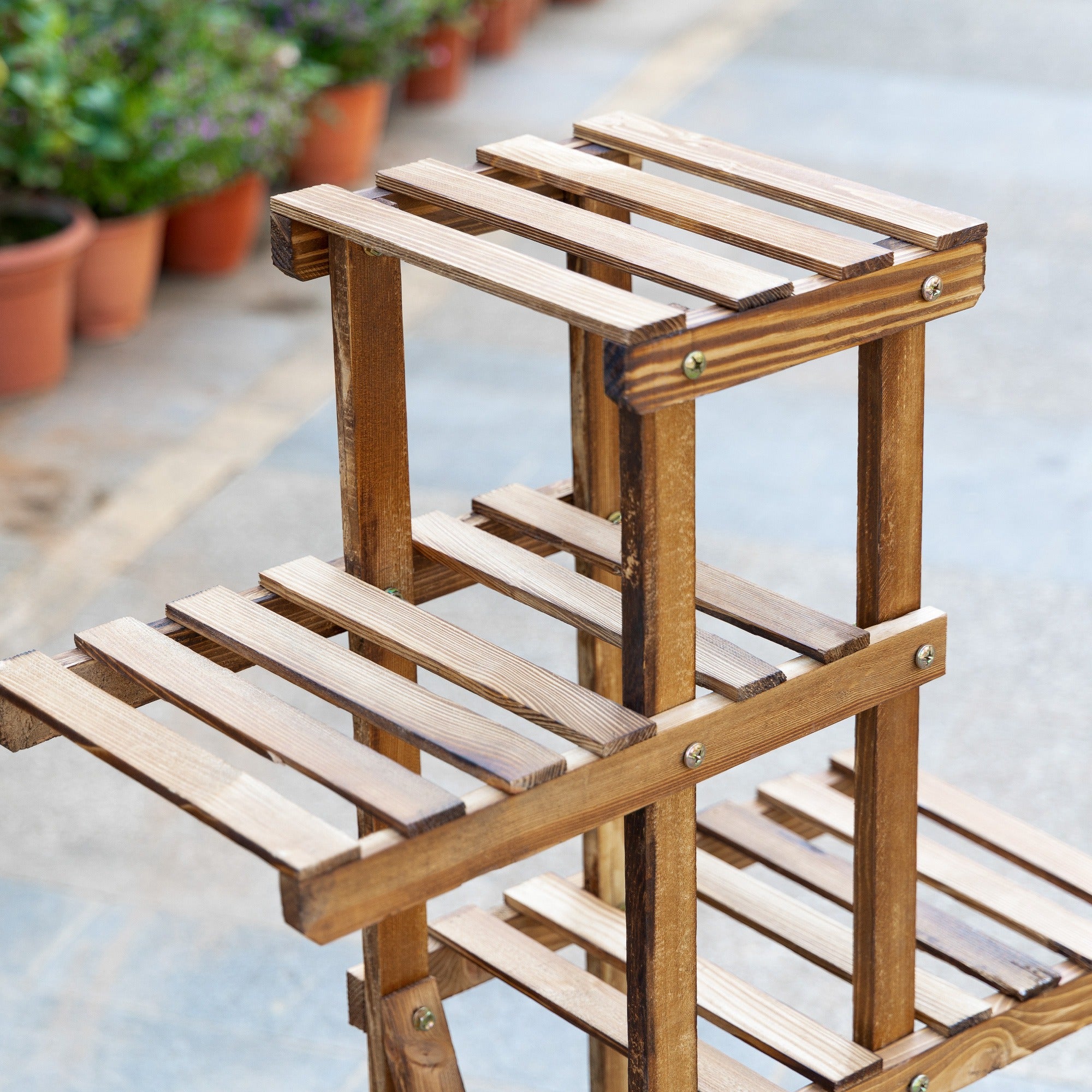 Plant Stand Plant Shelf with Wooden Legs Flower Stand with 5 Tiers Load 60 kg for Indoor and Outdoor Terrace Garden Balcony 98x28x95 cm Charred Wood